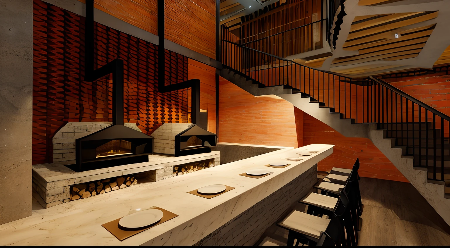 paying meticulous attention to the design elements, color schemes, and overall ambiance. Highlight the fusion of raw materials, such as exposed brick walls, polished concrete floors, and steel beams, that contribute to the industrial aesthetic. Explore the lighting fixtures, furniture choices, and decor elements that enhance the overall atmosphere. Consider the seating arrangements, table settings, and any unique focal points that make this restaurant's interior both visually striking and in harmony with the industrial theme. Additionally, elaborate on any subtle touches or design nuances that add character to the space, creating a memorable and inviting dining experience within this industrial-inspired restaurant setting