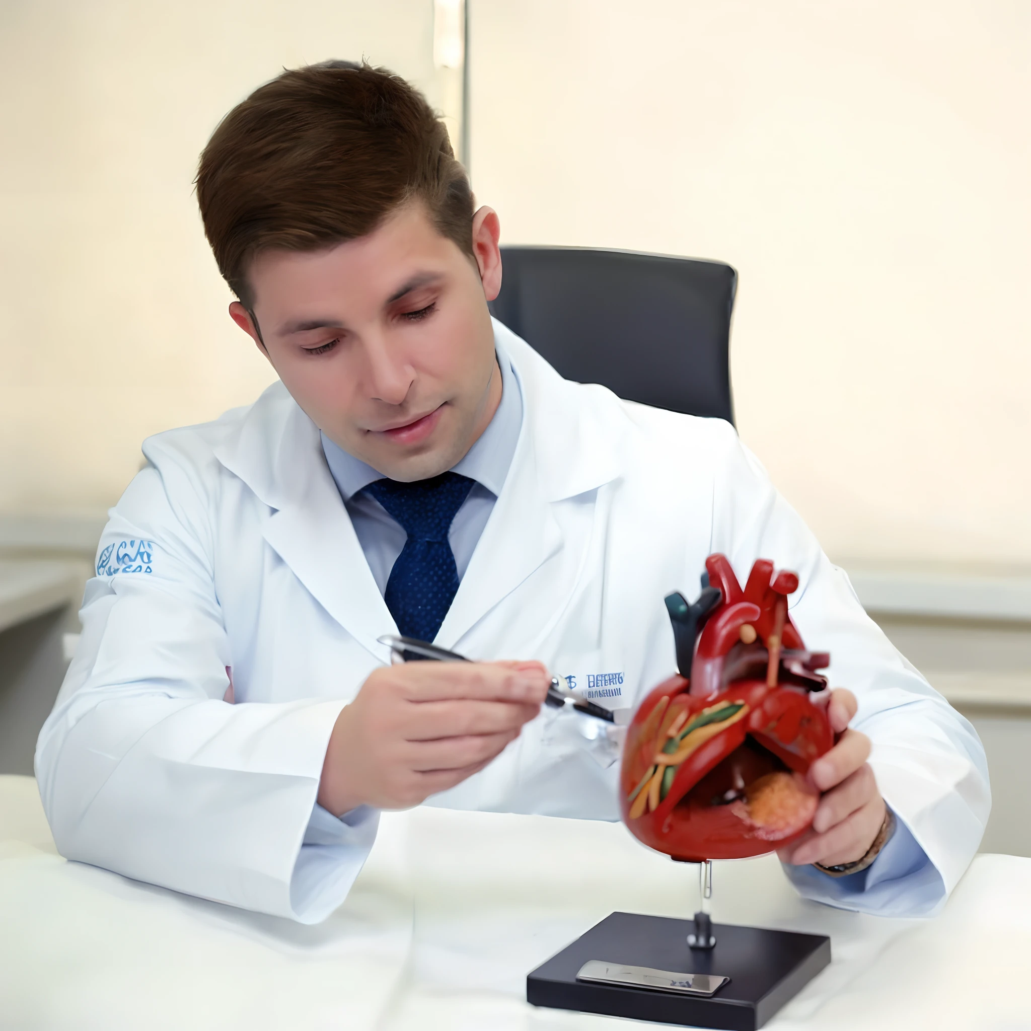 Male doctor examining a model of a human heart, medical photography, 3D model of a human heart, medical dissection, anatomically correct heart, medic, anatomical heart, medic, Male physician, scientist, Heart human, um hiper realista, conspiracionista local, scientific study, tiro profissional, with organs, (medic), imagem realista verdadeira