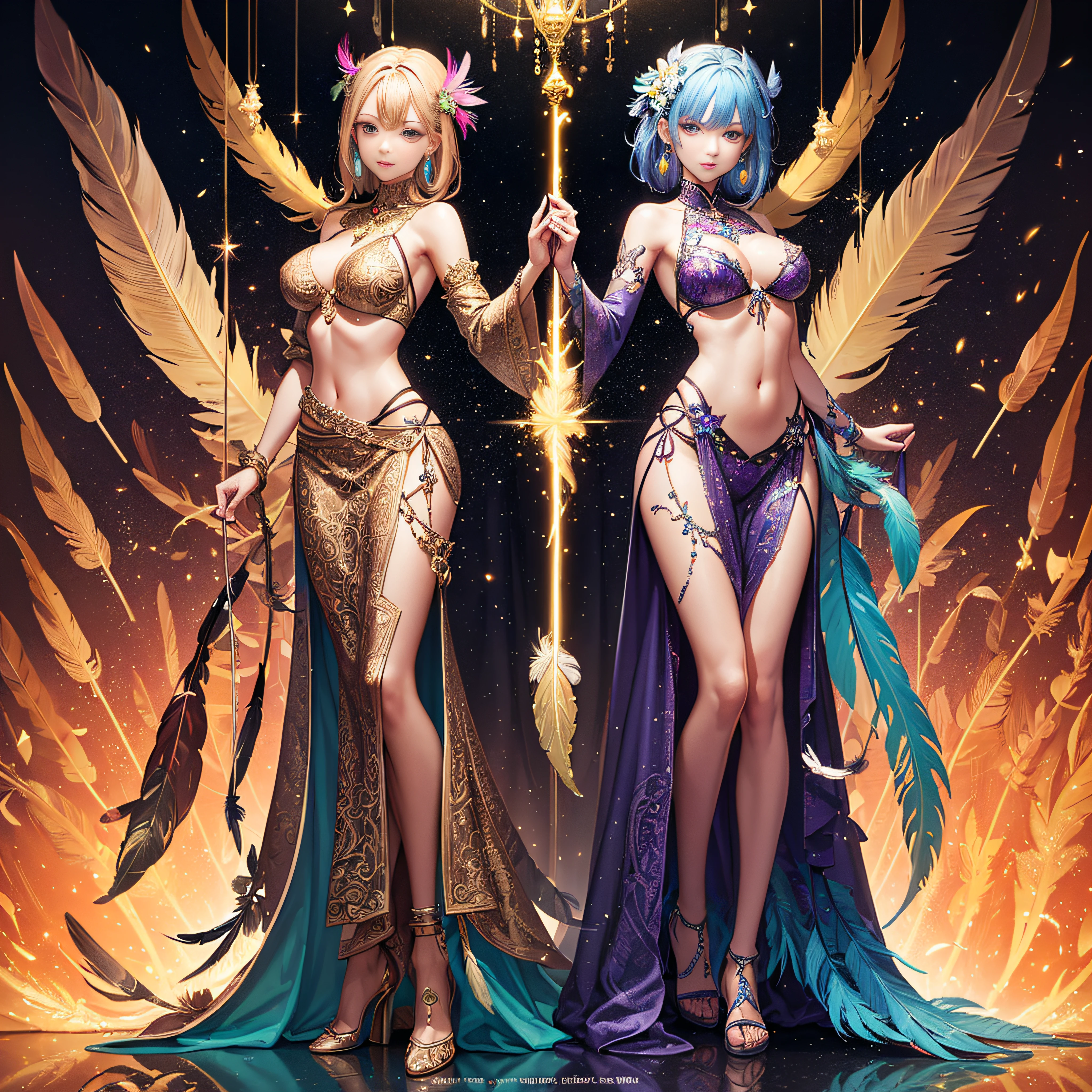 girl with, Big breasts, Bare shoulders, colorful feather, metal ornaments, Colorful flowers, Particle, light, (masutepiece, of the highest quality, Best Quality, Official art, Beautiful and aesthetic:1.2), (1girl in:1.3), Extremely detailed, (Fractal Art:1.1), ( Colorful:1.1)(Flowers:1.3),highest details,(Zentangle:1.2), (Dynamic Pose), (Abstract background:1.3), (Shiny skin), (Many colors:1.4), (earrings:1.4), (Feathers:1.4), Full body image