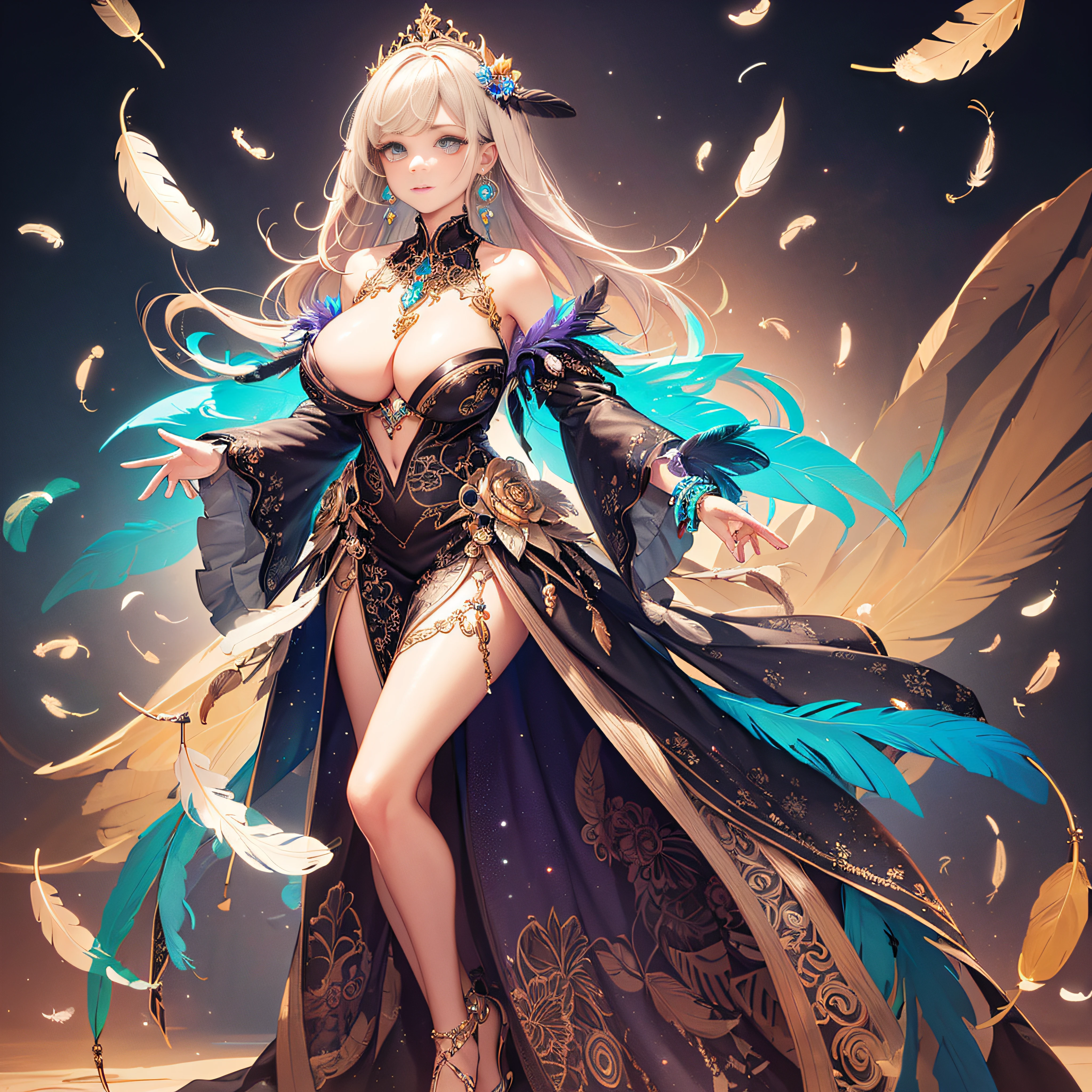 girl with, Big breasts, Bare shoulders, colorful feather, metal ornaments, Colorful flowers, Particle, light, (masutepiece, of the highest quality, Best Quality, Official art, Beautiful and aesthetic:1.2), (1girl in:1.3), Extremely detailed, (Fractal Art:1.1), ( Colorful:1.1)(Flowers:1.3),highest details,(Zentangle:1.2), (Dynamic Pose), (Abstract background:1.3), (Shiny skin), (Many colors:1.4), (earrings:1.4), (Feathers:1.4), Full body image