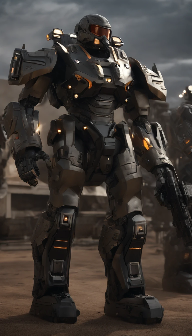 (best quality,4k,8k,highres,masterpiece:1.2),ultra-detailed,(realistic,photorealistic,photo-realistic:1.37),futuristic military-style power exoskeleton,standing at 2 meters tall,(heavy,armored,advanced) armor design,exquisite attention to detail,(sharp,fierce,strong) facial expression,highlighting every muscle and joint,giving a sense of power and agility,gleaming (metallic,titanium) surface,reflecting the surrounding environment like a mirror,enhancing the realism of the artwork.

The power exoskeleton features a highly advanced(left-handed,giant-sized) Gatling gun,meticulously crafted with intricate details,(vivid,sharp,heavy-duty) barrels rotating at full speed,emitting a mesmerizing display of smoke and muzzle flashes,the sensation of power and sheer force it conveys is palpable.

Adorned on the left shoulder is a sleek missile launcher,boasting a streamlined design and capable of deploying a barrage of guided missiles with pinpoint accuracy,(sleek,nimble) wings extended,ready to launch into the sky in an instant,the anticipation of imminent destruction.

On the right shoulder,there is a powerful plasma cannon,(radiating,crackling) with energy,ready to release a devastating beam of pure plasma energy,illuminating the surroundings with its vibrant colors,captivating the viewers with its otherworldly brilliance.

The overall color scheme of the artwork is predominantly(black,dark,grey),with metallic accents and vibrant glowing lights,creating a striking contrast and enhancing the futuristic atmosphere.

The lighting in the scene is designed to showcase the intricate details of the power exoskeleton,with intense spotlights merging seamlessly with the environment,casting dramatic shadows and highlights,adding depth and dimension to the artwork.

This artwork combines elements of military aesthetics, futuristic technology, and the beauty of ultra-realism, resulting in a visually stunning masterpiece.