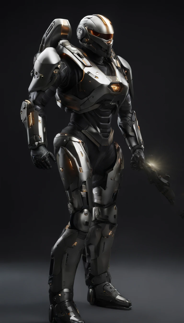 (best quality,4k,8k,highres,masterpiece:1.2),ultra-detailed,(realistic,photorealistic,photo-realistic:1.37),futuristic military-style power exoskeleton,standing at 2 meters tall,(heavy,armored,advanced) armor design,exquisite attention to detail,(sharp,fierce,strong) facial expression,highlighting every muscle and joint,giving a sense of power and agility,gleaming (metallic,titanium) surface,reflecting the surrounding environment like a mirror,enhancing the realism of the artwork.

The power exoskeleton features a highly advanced(left-handed,giant-sized) Gatling gun,meticulously crafted with intricate details,(vivid,sharp,heavy-duty) barrels rotating at full speed,emitting a mesmerizing display of smoke and muzzle flashes,the sensation of power and sheer force it conveys is palpable.

Adorned on the left shoulder is a sleek missile launcher,boasting a streamlined design and capable of deploying a barrage of guided missiles with pinpoint accuracy,(sleek,nimble) wings extended,ready to launch into the sky in an instant,the anticipation of imminent destruction.

On the right shoulder,there is a powerful plasma cannon,(radiating,crackling) with energy,ready to release a devastating beam of pure plasma energy,illuminating the surroundings with its vibrant colors,captivating the viewers with its otherworldly brilliance.

The overall color scheme of the artwork is predominantly(black,dark,grey),with metallic accents and vibrant glowing lights,creating a striking contrast and enhancing the futuristic atmosphere.

The lighting in the scene is designed to showcase the intricate details of the power exoskeleton,with intense spotlights merging seamlessly with the environment,casting dramatic shadows and highlights,adding depth and dimension to the artwork.

This artwork combines elements of military aesthetics, futuristic technology, and the beauty of ultra-realism, resulting in a visually stunning masterpiece.