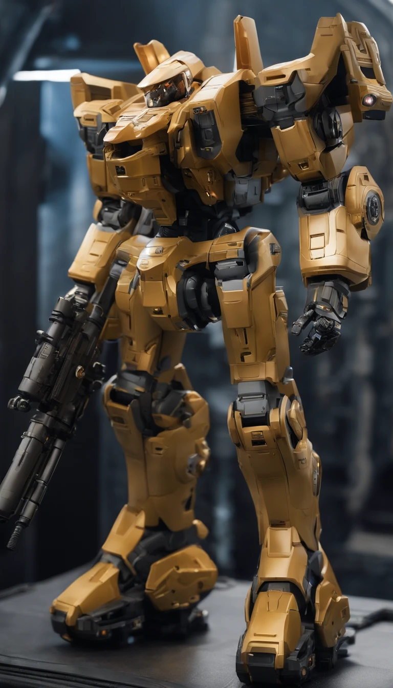 A power mecha with a sense of future military technology，Armed with a Gatling gun in his left hand，One on the left shoulder is equipped with a missile launcher，Equipped with a plasma cannon on the right shoulder，2 meters high，military，mirai，high - tech，mechs，The style is hyper-realistic