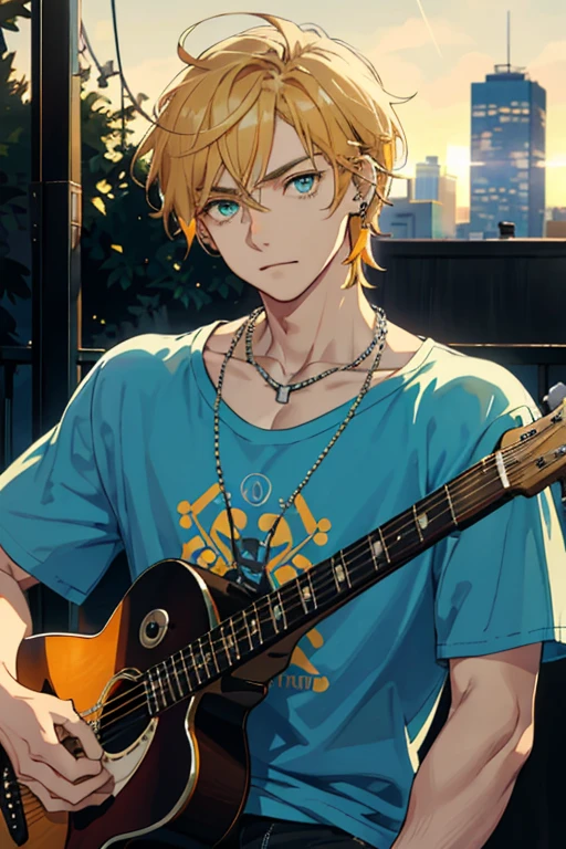 masterpiece, best quality, 1 male, adult, dark blonde neck length hair, musician, soft features, bored expression, green eyes, soft eyes, perfectly photorealistic, (rockband t-shirt) ((modern)), ((modern clothing)), city background, (playing electric guitar), city background, playful boy, long ripped jeans, cozy, pretty boy, (loose clothing), happy expression, soft lighting, upper body focus, detailed eyes, piercings on ears, beaded necklace, detailed face, blue yellow color scheme, ((lose clothing)), close up, soft features, muscular build, soft masculinity, round face, orange lighting, (evening), sunset, romantic lighting, ((loose flanel))