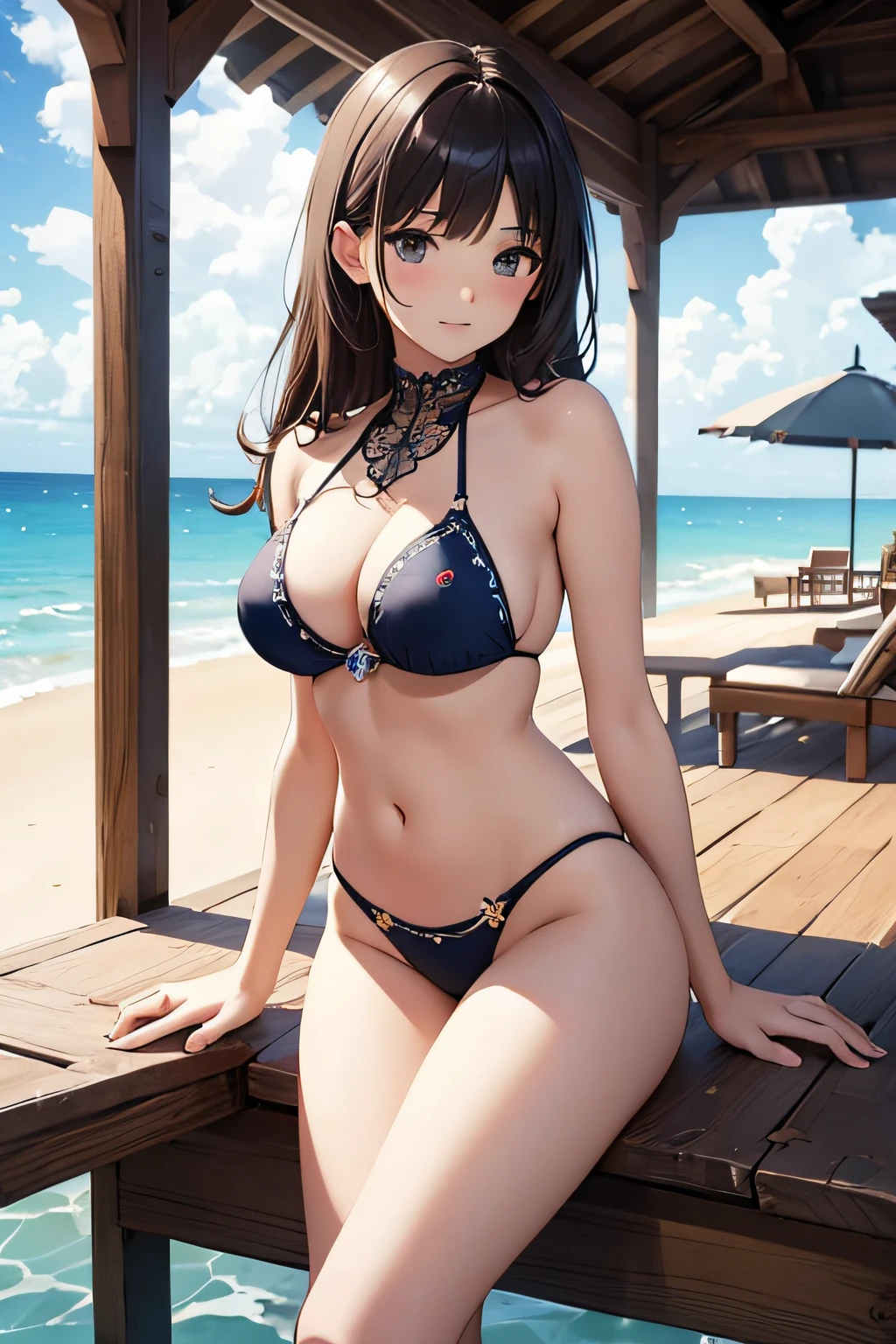 ​masterpiece、Background with（（sea side、sand beach））、15yo student、a beauty girl、huge tit、Detailed embroidery on the bikini、 all-fours、Looking from bottom to top