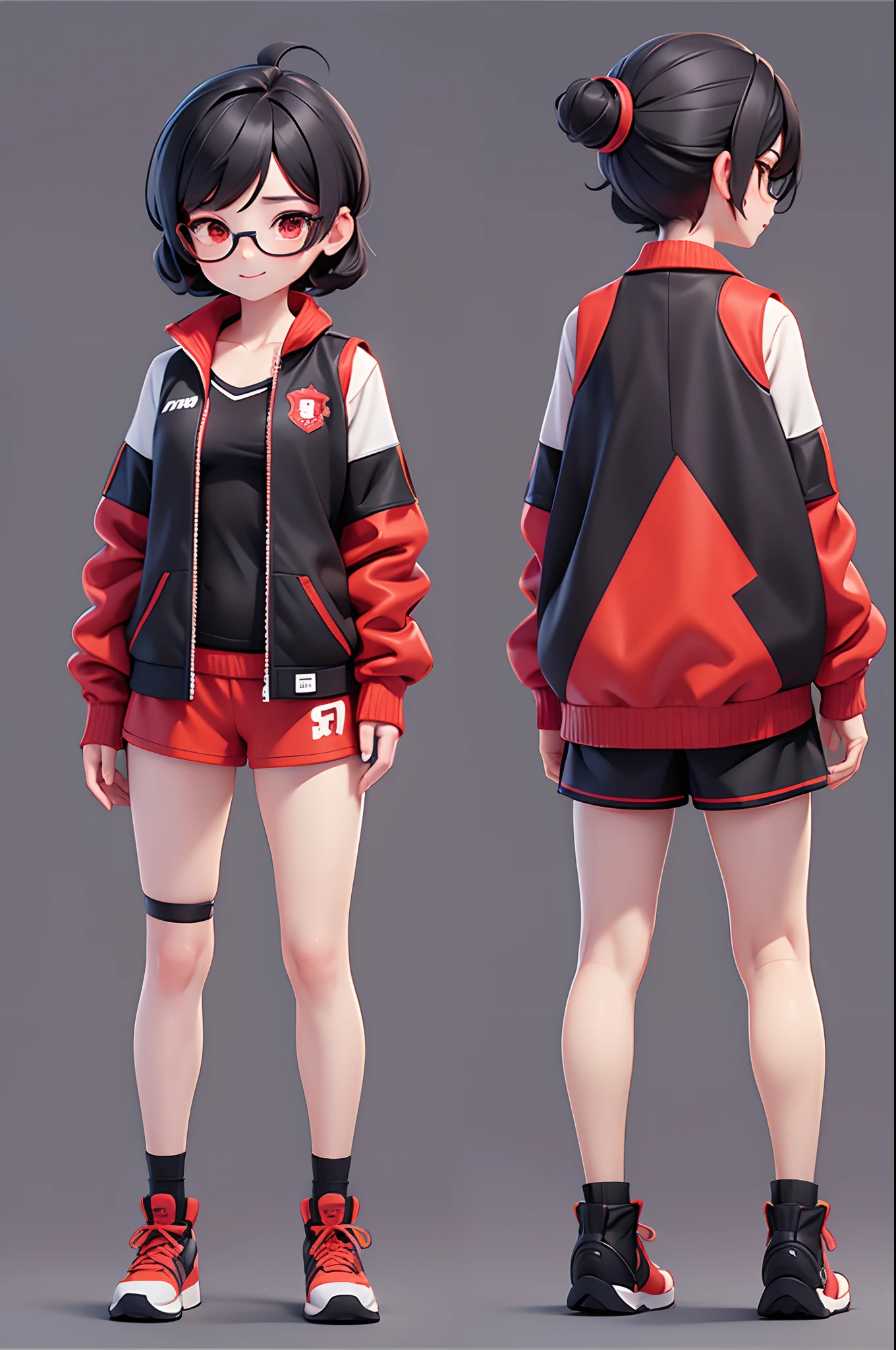 ((tmasterpiece)),(((best qualtiy))),(CharacterDesignSheet,Same role,frontage,Lateral face,on back), Red Devil,独奏,Short black hair,red eyes,tmasterpiece,best qualtiy,looking around a corner,full bodyesbian,A detailed,ssmile,sport outfit,Wearing a black sports vest,Glasses as an accessory,charturnbetalora,concept-art,concept art of character,Character sketches,reference sheet,Role table,(simplebackground,white backgrounid: 1.3)