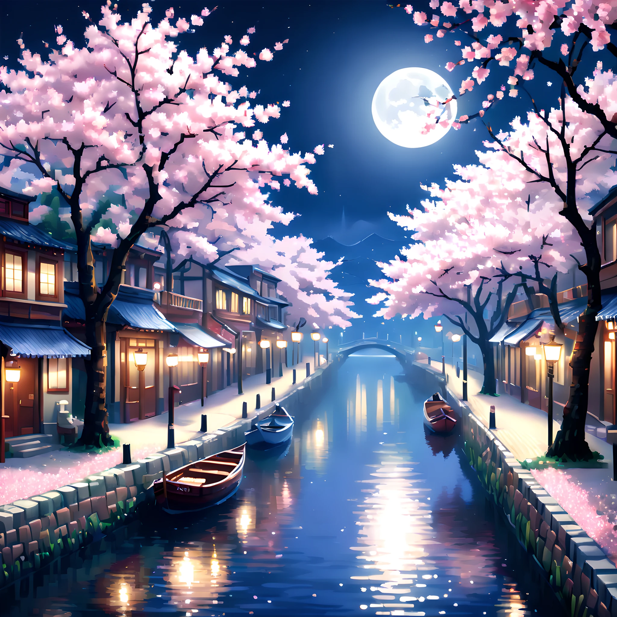 (Cherry blossom And Street:1.5),(landscape:1.5), (Pixel art:1.5), (pixel theme:1.5), (fantasy:1.5), (beautiful scenery:1.5),(landscapes:1.5),(cherry blossom trees:1.5),(boat:1.5),(centered on river street:1.5)(A path lined with flourishing cherry blossom trees:1.5),(spring:1.5),(river street:1.5),(1900s:1.5),(Meiji:1.5),(Civilization and civilization:1.5), (beautiful scenery pixel art illustration:1.5),(night:1.5),(moonlight:1.5),(best quality:1.5),(masterpiece:1.5),