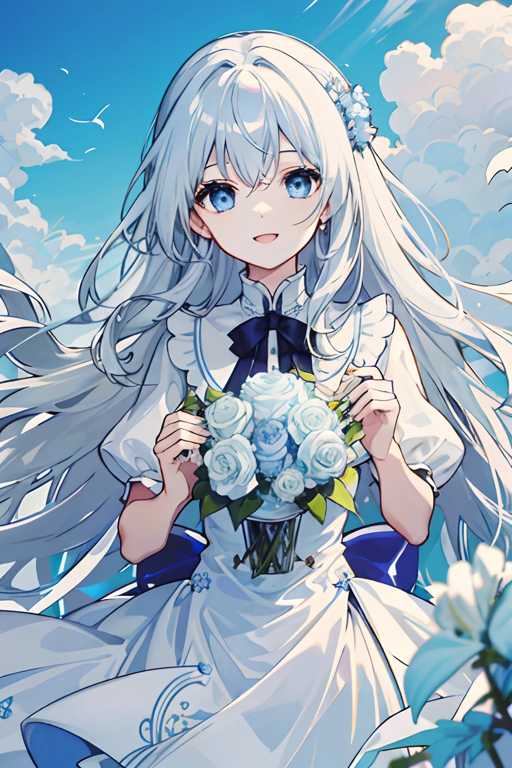 Long white slightly curly hair，Light blue eyes，Sky blue flowers, Intellectual elegance, Lady, offcial dress，banquet，laughingly