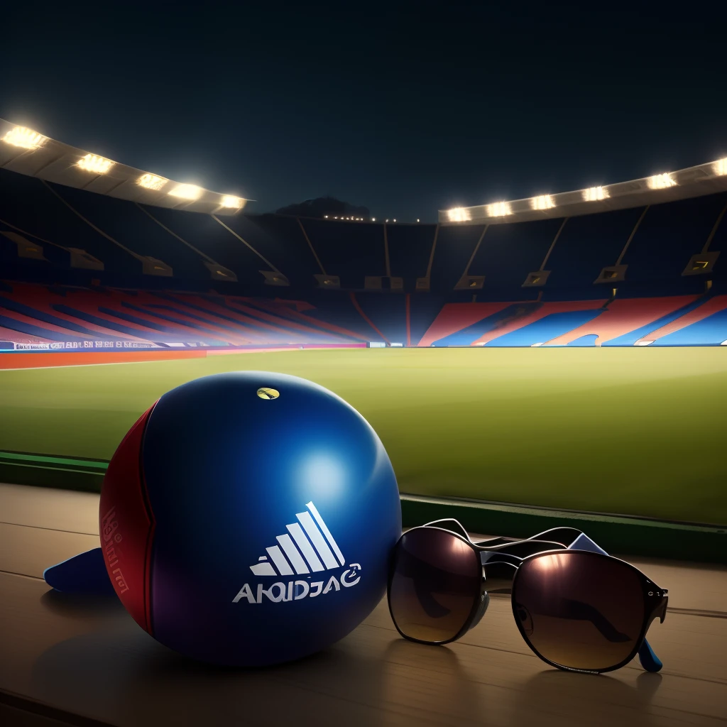 A blue cricket ball wearing sunglasses and a 'Coming Soon' cap. Midnight environment along with a green stadium in background