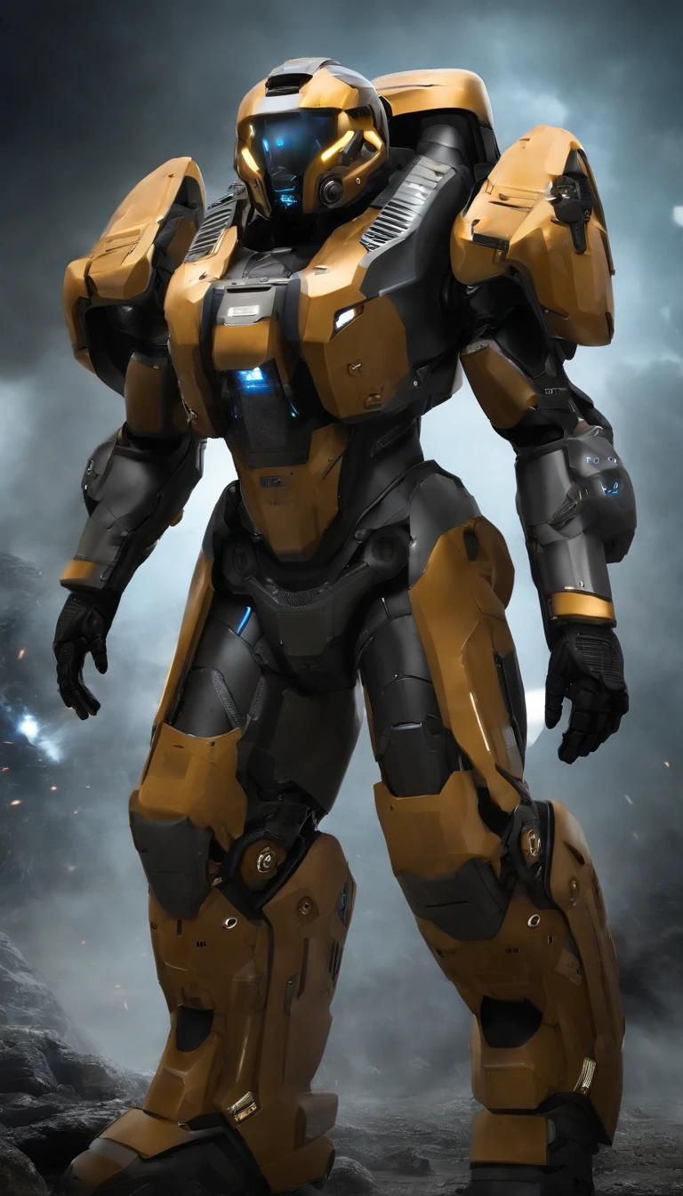 (highres,best quality),futuristic,military,mega-sized power exosuit with a strong technological vibe. Standing at an impressive height of 2 meters, this exosuit boasts an awe-inspiring presence on the battlefield. The exosuit is equipped with a Gatling gun in its left hand, ensuring rapid and devastating firepower. On its left shoulder, there is a missile launcher ready to unleash a barrage of guided missiles. And on its right shoulder, a powerful plasma cannon is mounted, capable of unleashing devastating energy blasts. The exosuit showcases cutting-edge advancements in military technology, incorporating sleek design elements and intricate details. Its armor plating is built to withstand intense combat scenarios, providing maximum protection to the pilot. With its futuristic aesthetics and advanced weaponry, this exosuit represents the pinnacle of military innovation. The color palette of this artwork is dominated by shades of dark metallic gray and contrasting vibrant blue LED lights, creating a powerful and distinct visual impression. The lighting emphasizes the exosuit's imposing presence, casting dramatic shadows that enhance the overall atmosphere of the scene. This artwork aims to capture the essence of a futuristic warfare scenario, evoking a sense of awe and reverence for the advancements in technology and science.