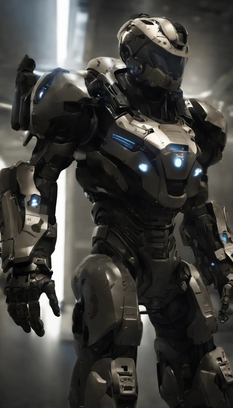 (highres,best quality),futuristic,military,mega-sized power exosuit with a strong technological vibe. Standing at an impressive height of 2 meters, this exosuit boasts an awe-inspiring presence on the battlefield. The exosuit is equipped with a Gatling gun in its left hand, ensuring rapid and devastating firepower. On its left shoulder, there is a missile launcher ready to unleash a barrage of guided missiles. And on its right shoulder, a powerful plasma cannon is mounted, capable of unleashing devastating energy blasts. The exosuit showcases cutting-edge advancements in military technology, incorporating sleek design elements and intricate details. Its armor plating is built to withstand intense combat scenarios, providing maximum protection to the pilot. With its futuristic aesthetics and advanced weaponry, this exosuit represents the pinnacle of military innovation. The color palette of this artwork is dominated by shades of dark metallic gray and contrasting vibrant blue LED lights, creating a powerful and distinct visual impression. The lighting emphasizes the exosuit's imposing presence, casting dramatic shadows that enhance the overall atmosphere of the scene. This artwork aims to capture the essence of a futuristic warfare scenario, evoking a sense of awe and reverence for the advancements in technology and science.