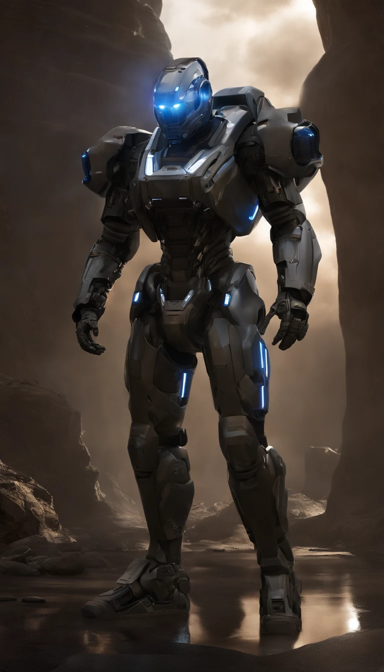 (highres,best quality),futuristic,military,mega-sized power exosuit with a strong technological vibe. Standing at an impressive height of 2 meters, this exosuit boasts an awe-inspiring presence on the battlefield. The exosuit is equipped with a Gatling gun in its left hand, ensuring rapid and devastating firepower. On its left shoulder, there is a missile launcher ready to unleash a barrage of guided missiles. And on its right shoulder, a powerful plasma cannon is mounted, capable of unleashing devastating energy blasts. The exosuit showcases cutting-edge advancements in military technology, incorporating sleek design elements and intricate details. Its armor plating is built to withstand intense combat scenarios, providing maximum protection to the pilot. With its futuristic aesthetics and advanced weaponry, this exosuit represents the pinnacle of military innovation. The color palette of this artwork is dominated by shades of dark metallic gray and contrasting vibrant blue LED lights, creating a powerful and distinct visual impression. The lighting emphasizes the exosuit's imposing presence, casting dramatic shadows that enhance the overall atmosphere of the scene. This artwork aims to capture the essence of a futuristic warfare scenario, evoking a sense of awe and reverence for the advancements in technology and science.