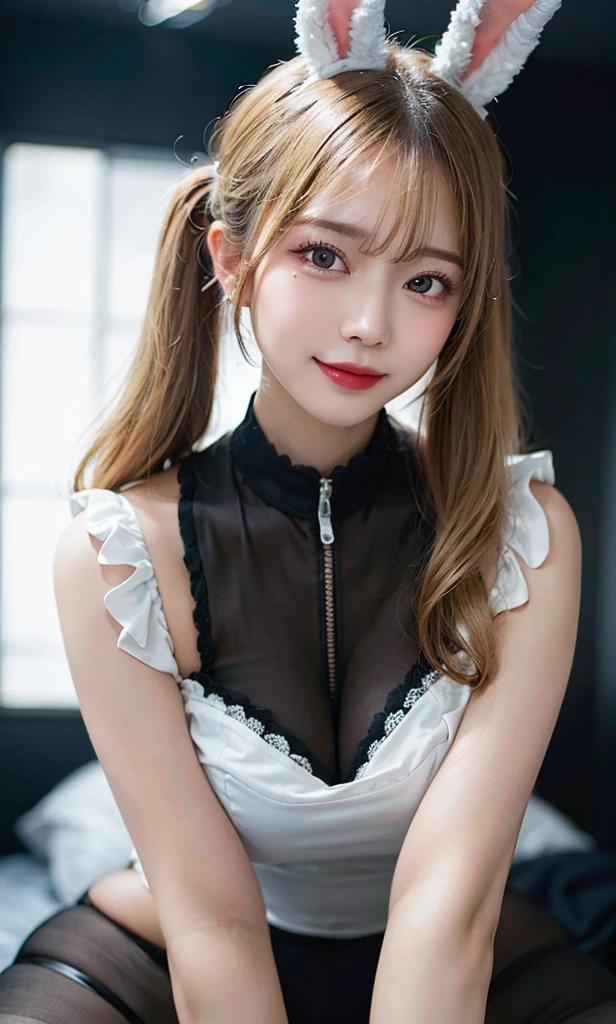 (Raw photo: 1.2), of the highest quality, Beautiful detailed girl, Bunny Girl, Smile, Blonde, Twin-tailed, Highly detailed eyes and face, Beautiful detailed eyes, Huge file size, High resolution, High resolution, 8K Wallpaper, Fine detail, Highly detailed ticker uniform 8K wallpaper, Light on Face, Movie Lighting, girl, Sexy Pose, (Photorealism: 1.4), Illustration, surrealism, From below, Super Detail, masutepiece, Playboy Bunny, fishnets pantyhose, On all fours,huge tit