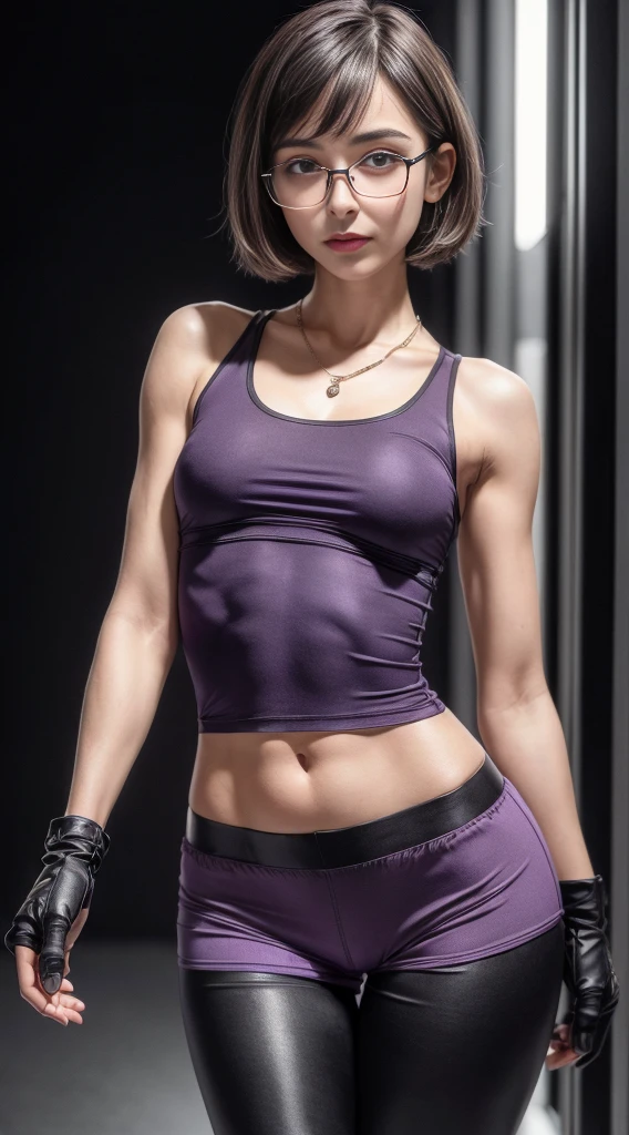 (8K, Masterpiece, RAW photo, Best quality, detail:1.3), (ultra realistic:1.4, scenary, 8K), Depth of field, Cinematic light, (ultra realistic face), 1girl, (Beautiful and elegant Russian girl), (tight black pants:1.3), (skinny girl with glasses), (European face:1.3), (natural abs:1.2), (full body:1.3), (tight black minitop:1.4), (small necklace, collarbone:1.1), (short hair), (ultra detailed skin:1.4), (soft fabric minishorts:1.2), (tight gloves), (soft fabric minitops:1.2), (tight purple minishorts:1.3)