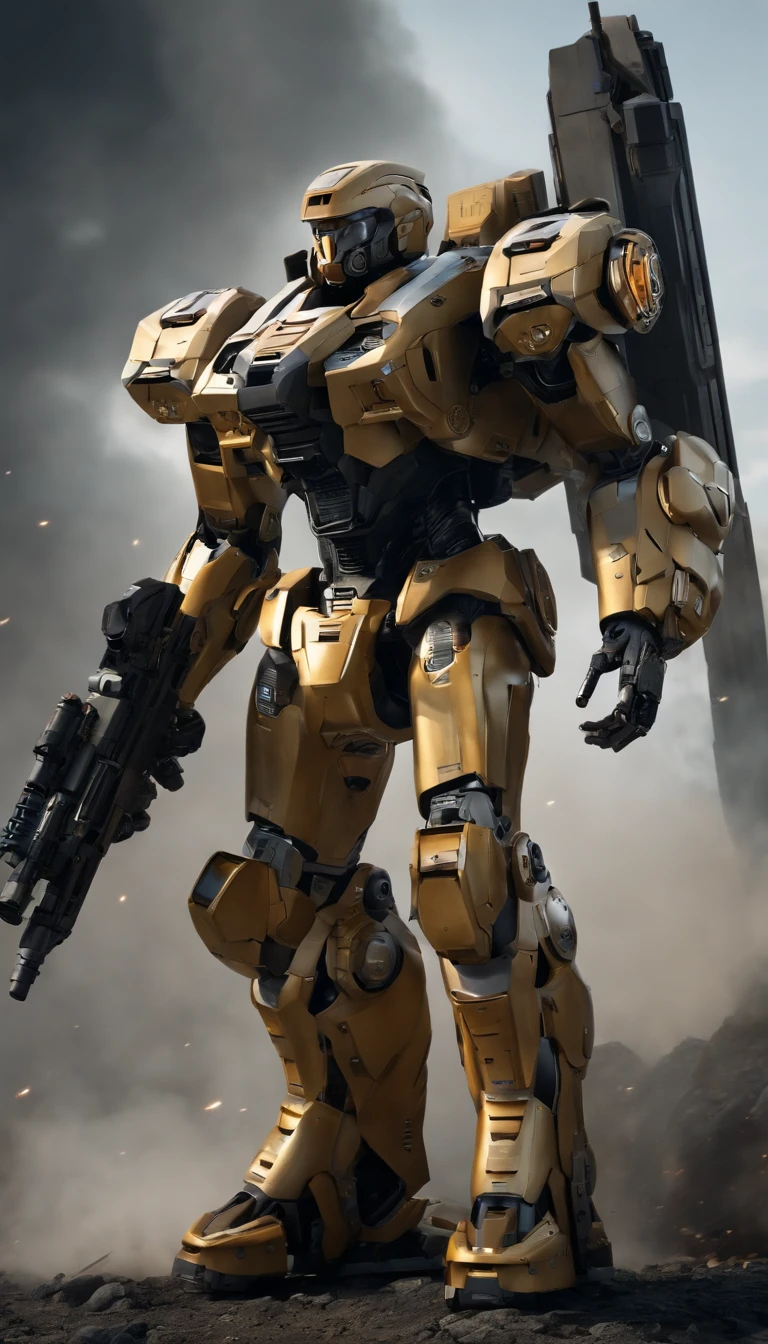 (best quality,4k,8k,highres,masterpiece:1.2), ultra-detailed, (realistic,photorealistic,photo-realistic:1.37), military, futuristic, high-tech, power-driven mech suit standing at 2 meters tall. The suit has a massive Gatling gun attached to its left arm, a missile launcher on its left shoulder, and a plasma cannon on its right shoulder. The mech suit is a combination of advanced technology and military aesthetics. The suit's metallic surface reflects light with extreme precision, showcasing its intricate details. The overall color scheme is a blend of dark, matte tones with hints of vibrant accents, creating a futuristic and visually striking appearance. The suit is surrounded by a dynamic lighting setup, highlighting its powerful presence. The scene captures the essence of a future battlefield, with the mech suit ready for action, radiating strength and cutting-edge military technology.