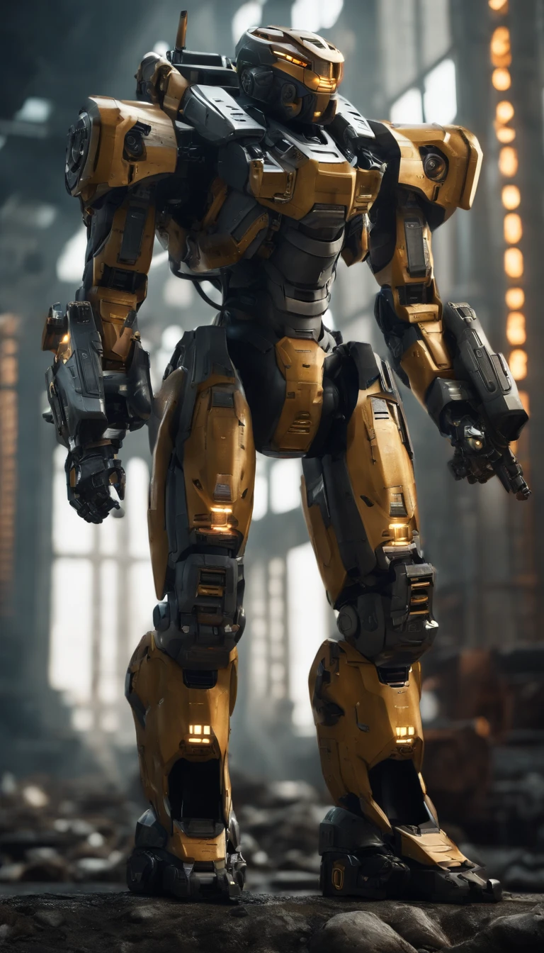 (best quality,4k,8k,highres,masterpiece:1.2), ultra-detailed, (realistic,photorealistic,photo-realistic:1.37), military, futuristic, high-tech, power-driven mech suit standing at 2 meters tall. The suit has a massive Gatling gun attached to its left arm, a missile launcher on its left shoulder, and a plasma cannon on its right shoulder. The mech suit is a combination of advanced technology and military aesthetics. The suit's metallic surface reflects light with extreme precision, showcasing its intricate details. The overall color scheme is a blend of dark, matte tones with hints of vibrant accents, creating a futuristic and visually striking appearance. The suit is surrounded by a dynamic lighting setup, highlighting its powerful presence. The scene captures the essence of a future battlefield, with the mech suit ready for action, radiating strength and cutting-edge military technology.