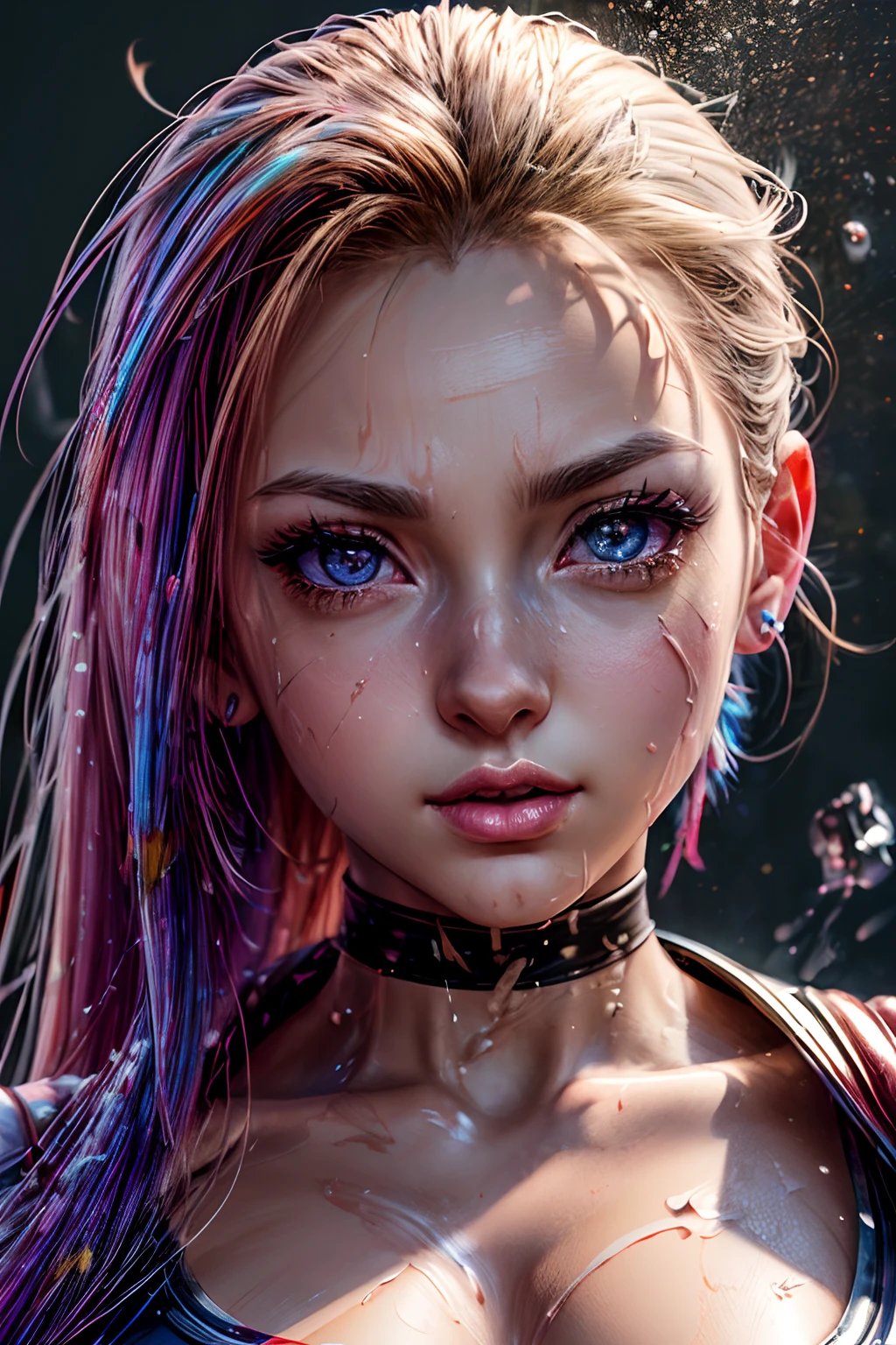 masterpiece, best quality, (extremely detailed CG unity 8k wallpaper, masterpiece, best quality, ultra-detailed, best shadow), (detailed background), (beautiful detailed face, beautiful detailed eyes), High contrast, (best illumination, an extremely delicate and beautiful),1girl,((colourful paint splashes on transparent background, dulux,)), ((caustic)), dynamic angle,beautiful detailed glow,full body, paint splash on face. close up of a woman, , realistic anime 3 d style, android 18, seductive anime girl, anime realism style, attractive anime girl,beautiful alluring anime woman, looking Cammy White,