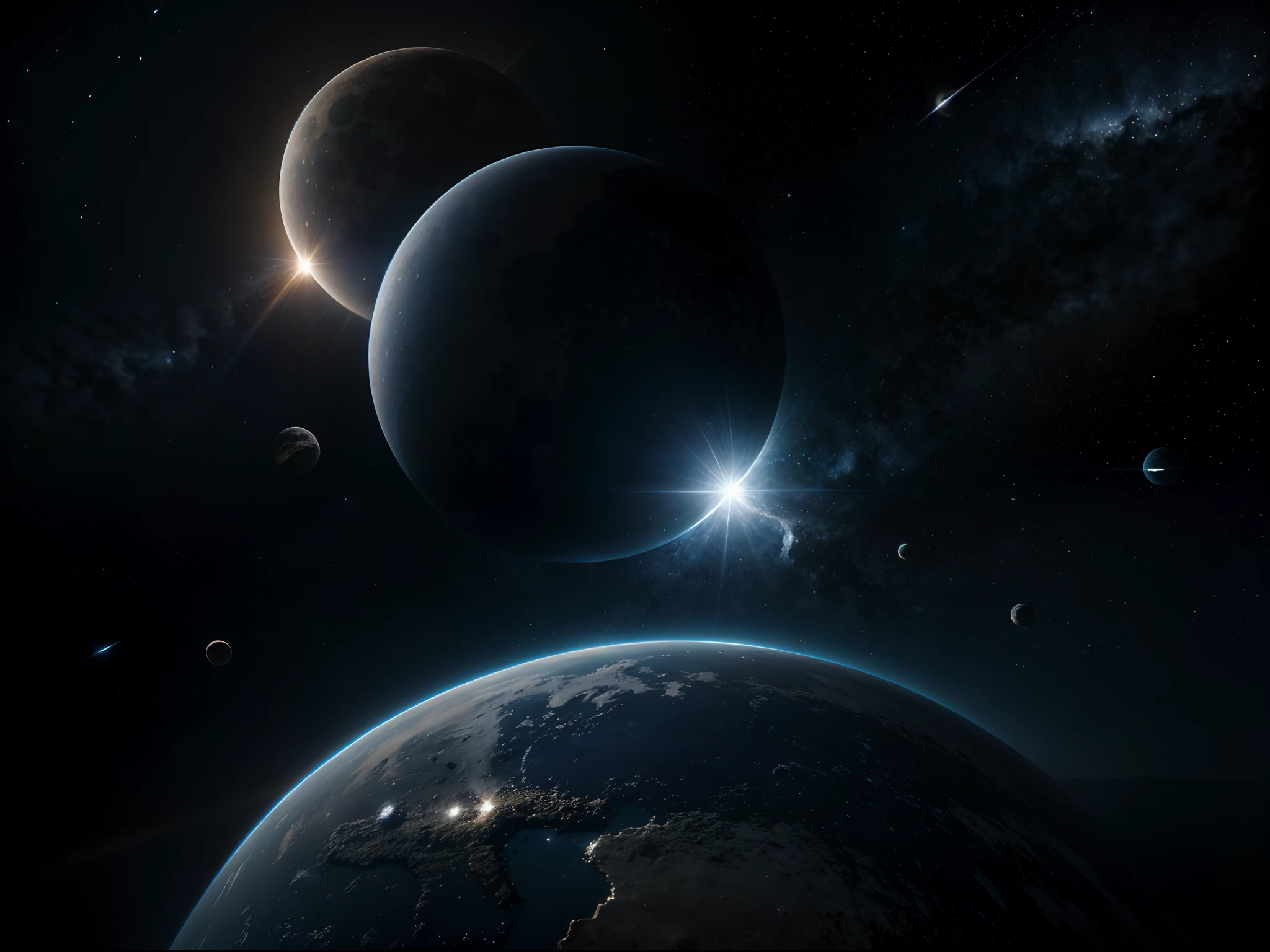 space, planet, abstract, earth, light, blue, galaxy, sun, moon, astronomy, universe, star, science, sky, world, illustration, globe, stars, dark, eclipse, fantasy, solar, atmosphere, nebula, night