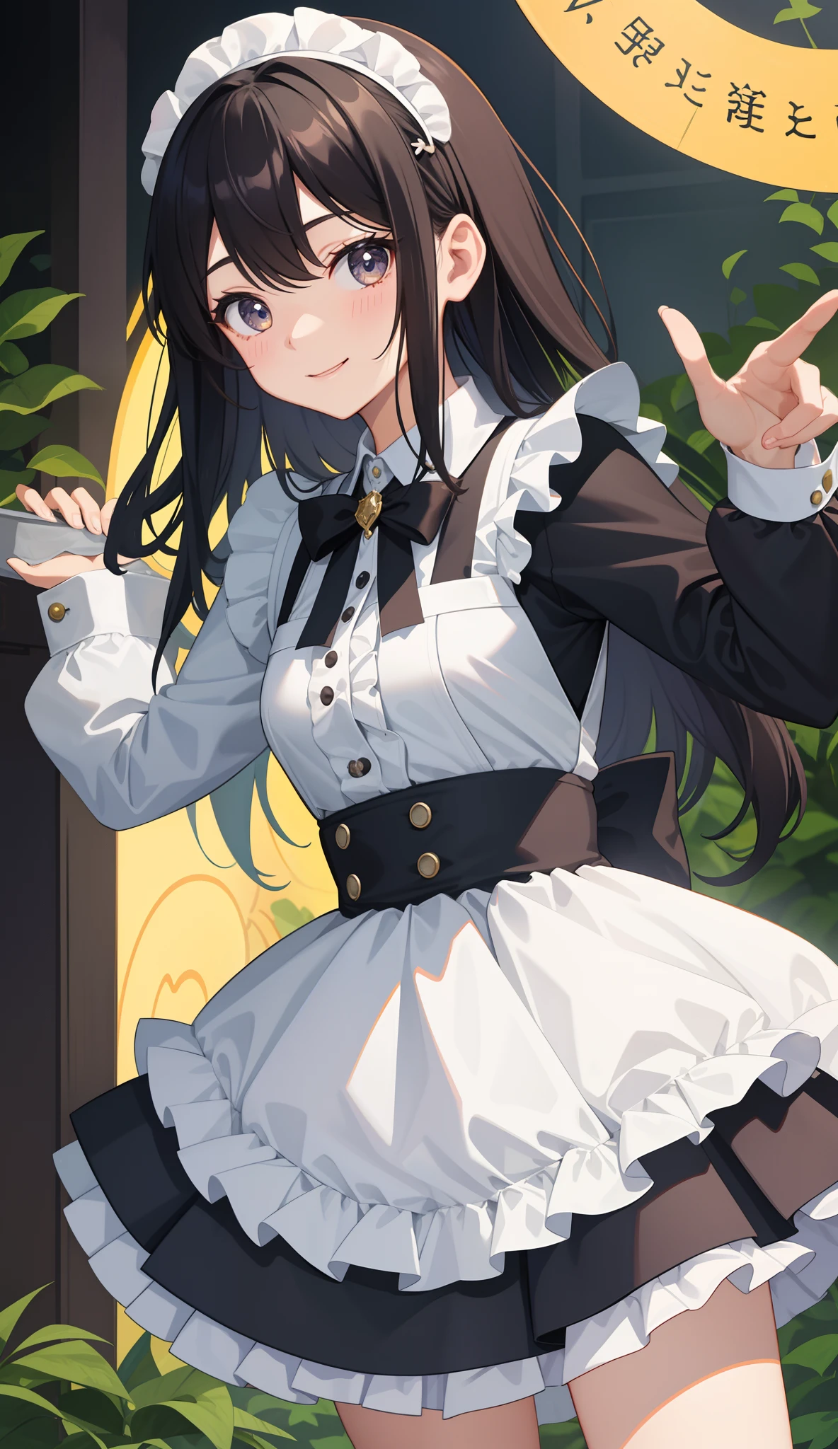 1girl in、AS-Adult、A smile、The shirt、skirt by the、（small tits）、doress、pinafore、Hair decoration、（Maid costume）、、Upper body portrait、movement、