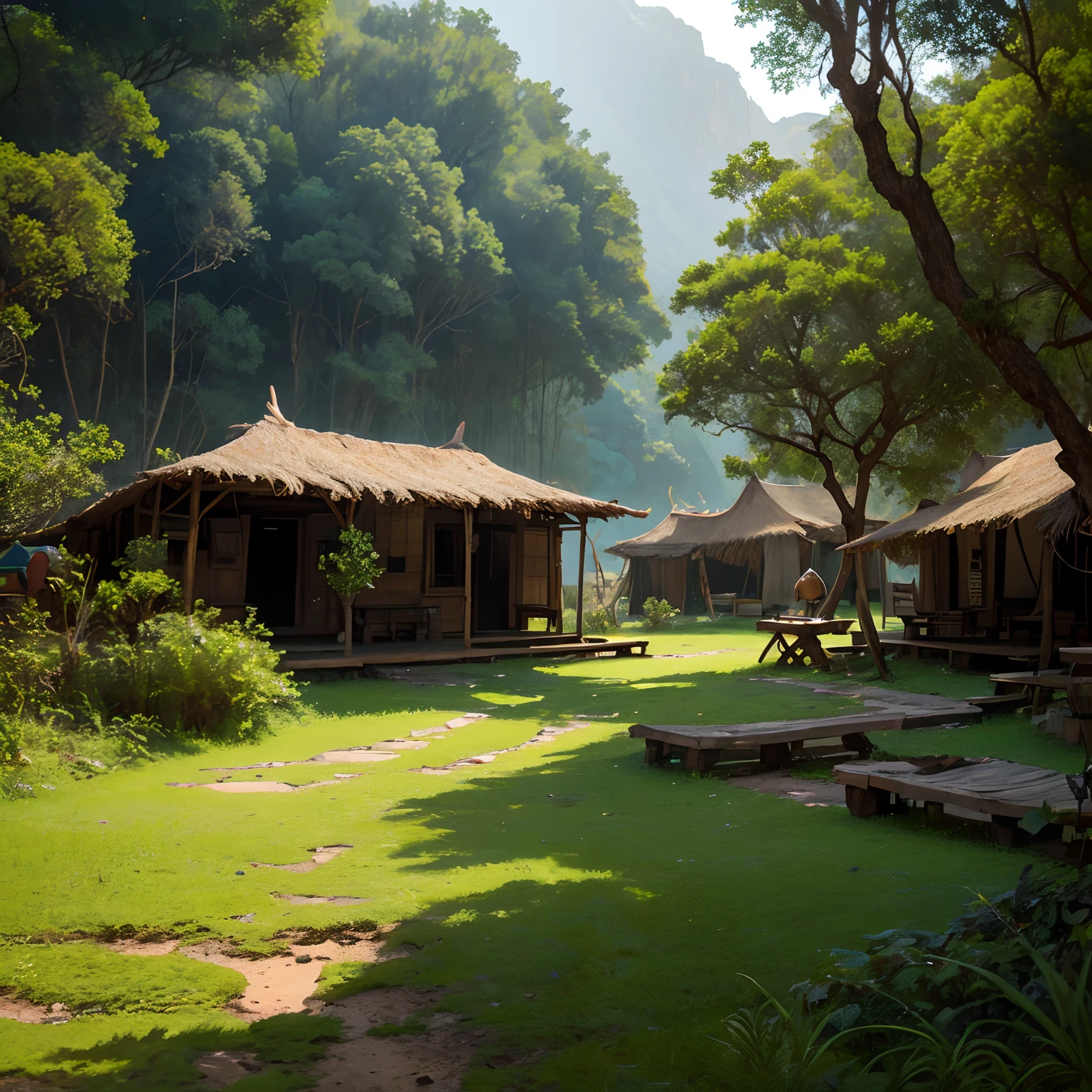 Old Apache Camp Scenery. Na luz do dia, 7 ou mais ocas espalhadas aleatoriamente em uma grande tribo. Com imagem distante. Paisagem verde bonita, surreal.