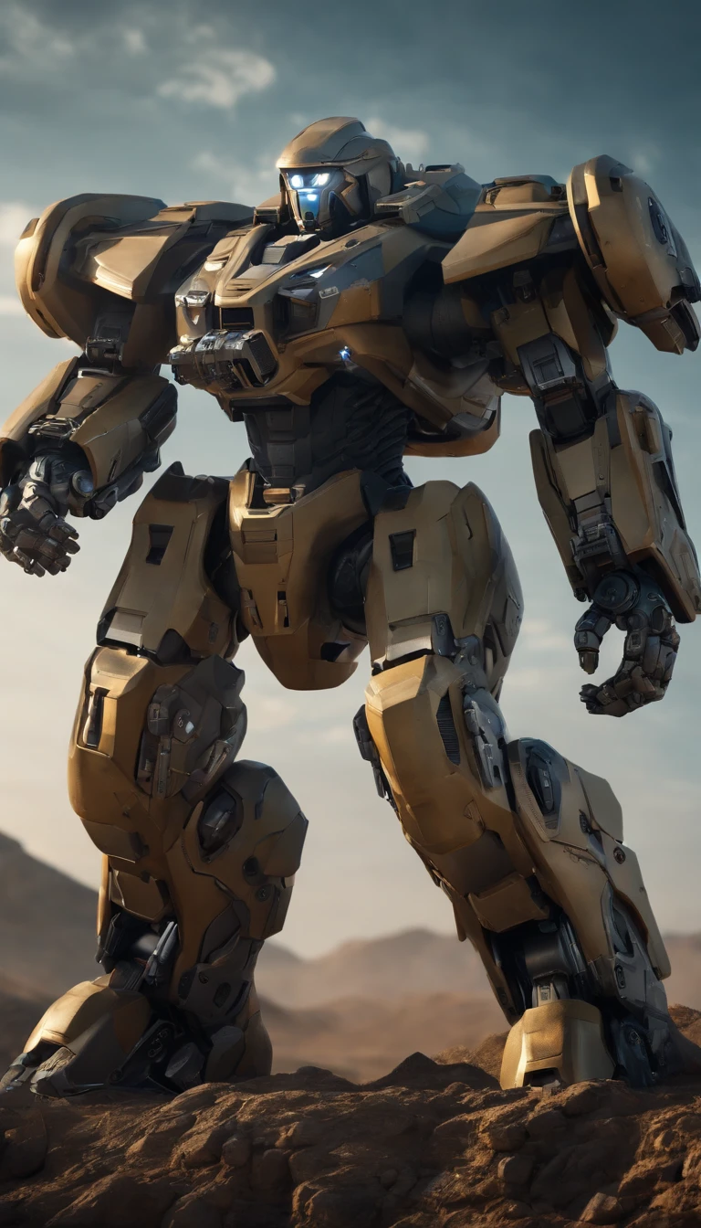 (best quality,4k,8k,highres,masterpiece:1.2), ultra-detailed, (realistic,photorealistic,photo-realistic:1.37), military, futuristic, high-tech, power-driven mech suit standing at 2 meters tall. The suit has a massive Gatling gun attached to its left arm, a missile launcher on its left shoulder, and a plasma cannon on its right shoulder. The mech suit is a combination of advanced technology and military aesthetics. The suit's metallic surface reflects light with extreme precision, showcasing its intricate details. The overall color scheme is a blend of dark, matte tones with hints of vibrant accents, creating a futuristic and visually striking appearance. The suit is surrounded by a dynamic lighting setup, highlighting its powerful presence. The scene captures the essence of a future battlefield, with the mech suit ready for action, radiating strength and cutting-edge military technology.