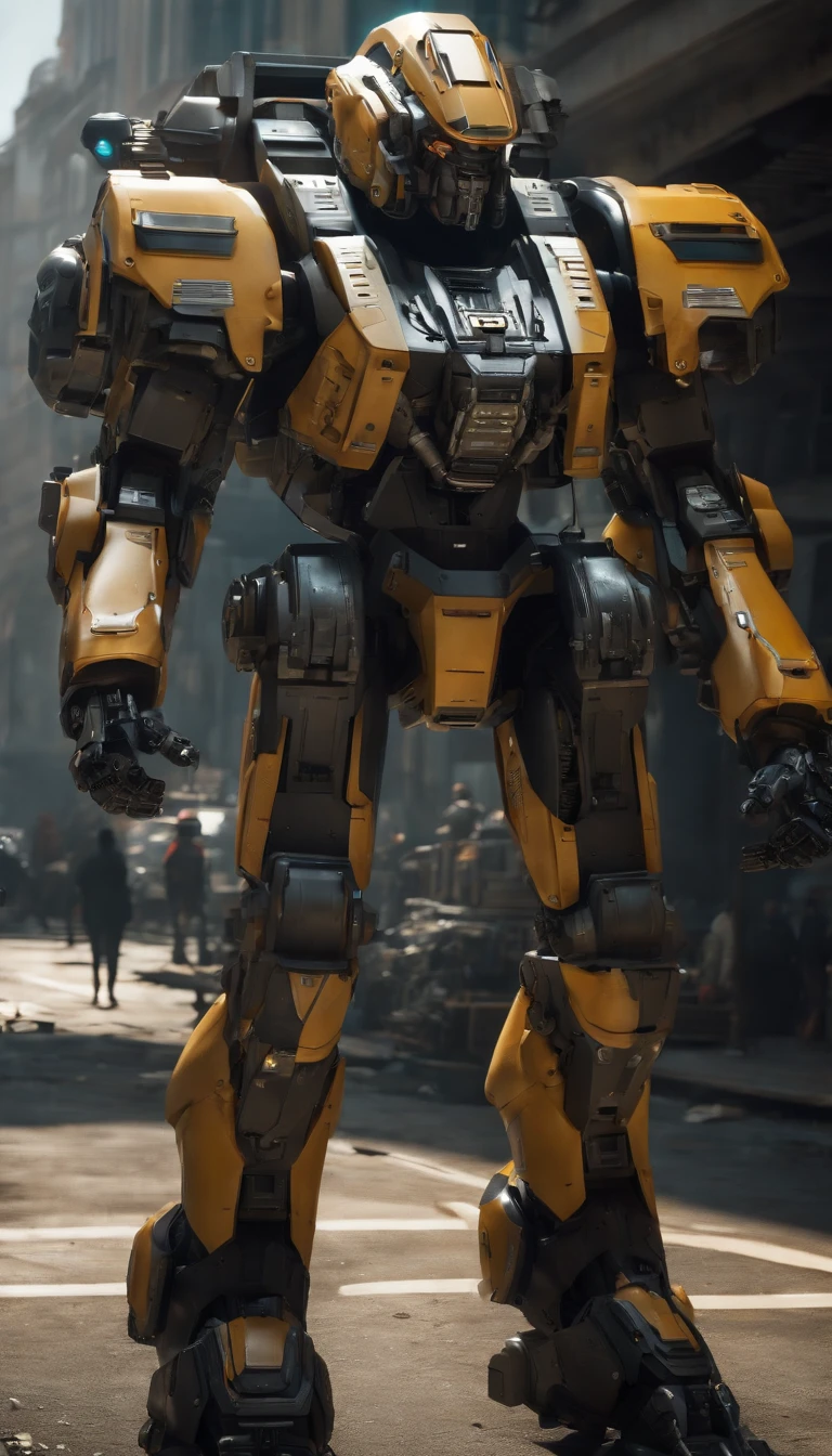 (best quality,4k,8k,highres,masterpiece:1.2), ultra-detailed, (realistic,photorealistic,photo-realistic:1.37), military, futuristic, high-tech, power-driven mech suit standing at 2 meters tall. The suit has a massive Gatling gun attached to its left arm, a missile launcher on its left shoulder, and a plasma cannon on its right shoulder. The mech suit is a combination of advanced technology and military aesthetics. The suit's metallic surface reflects light with extreme precision, showcasing its intricate details. The overall color scheme is a blend of dark, matte tones with hints of vibrant accents, creating a futuristic and visually striking appearance. The suit is surrounded by a dynamic lighting setup, highlighting its powerful presence. The scene captures the essence of a future battlefield, with the mech suit ready for action, radiating strength and cutting-edge military technology.