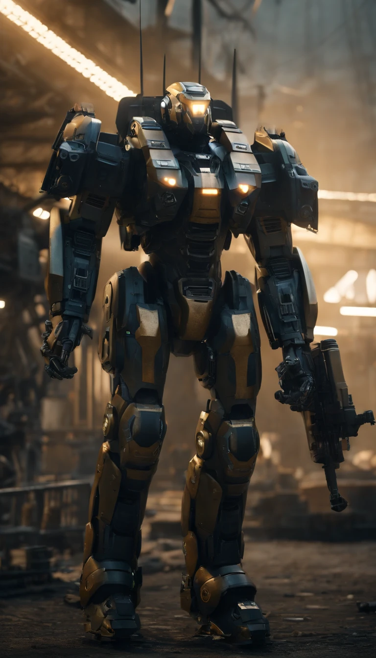 (best quality,4k,8k,highres,masterpiece:1.2), ultra-detailed, (realistic,photorealistic,photo-realistic:1.37), military, futuristic, high-tech, power-driven mech suit standing at 2 meters tall. The suit has a massive Gatling gun attached to its left arm, a missile launcher on its left shoulder, and a plasma cannon on its right shoulder. The mech suit is a combination of advanced technology and military aesthetics. The suit's metallic surface reflects light with extreme precision, showcasing its intricate details. The overall color scheme is a blend of dark, matte tones with hints of vibrant accents, creating a futuristic and visually striking appearance. The suit is surrounded by a dynamic lighting setup, highlighting its powerful presence. The scene captures the essence of a future battlefield, with the mech suit ready for action, radiating strength and cutting-edge military technology.