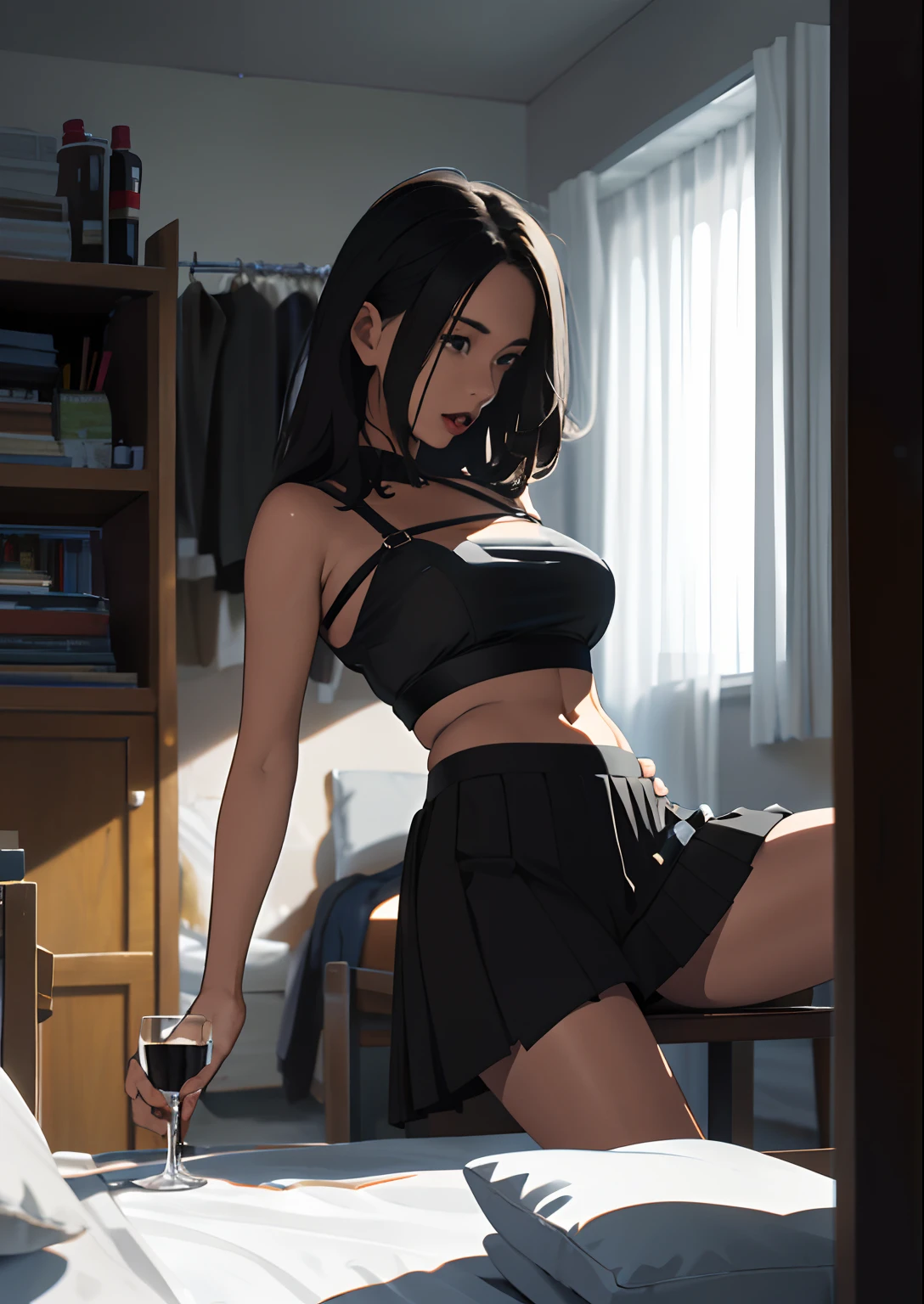 Young teen girl getting drunk alone at home while wearing a short black pleated skirt and a slightly see through black crop top with straps falling off her shoulders