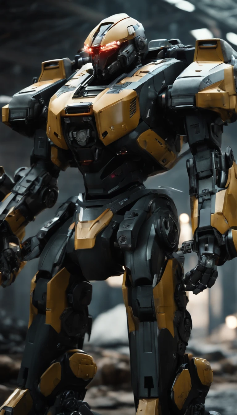 (best quality,4k,8k,highres,masterpiece:1.2), ultra-detailed, (realistic,photorealistic,photo-realistic:1.37), military, futuristic, high-tech, power-driven mech suit standing at 2 meters tall. The suit has a massive Gatling gun attached to its left arm, a missile launcher on its left shoulder, and a plasma cannon on its right shoulder. The mech suit is a combination of advanced technology and military aesthetics. The suit's metallic surface reflects light with extreme precision, showcasing its intricate details. The overall color scheme is a blend of dark, matte tones with hints of vibrant accents, creating a futuristic and visually striking appearance. The suit is surrounded by a dynamic lighting setup, highlighting its powerful presence. The scene captures the essence of a future battlefield, with the mech suit ready for action, radiating strength and cutting-edge military technology.