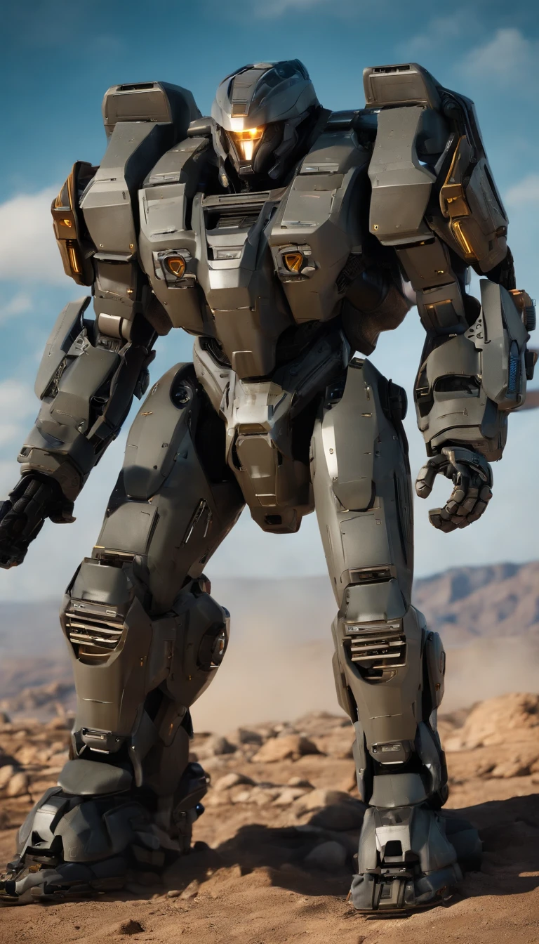 (best quality,4k,8k,highres,masterpiece:1.2), ultra-detailed, (realistic,photorealistic,photo-realistic:1.37), military, futuristic, high-tech, power-driven mech suit standing at 2 meters tall. The suit has a massive Gatling gun attached to its left arm, a missile launcher on its left shoulder, and a plasma cannon on its right shoulder. The mech suit is a combination of advanced technology and military aesthetics. The suit's metallic surface reflects light with extreme precision, showcasing its intricate details. The overall color scheme is a blend of dark, matte tones with hints of vibrant accents, creating a futuristic and visually striking appearance. The suit is surrounded by a dynamic lighting setup, highlighting its powerful presence. The scene captures the essence of a future battlefield, with the mech suit ready for action, radiating strength and cutting-edge military technology.
