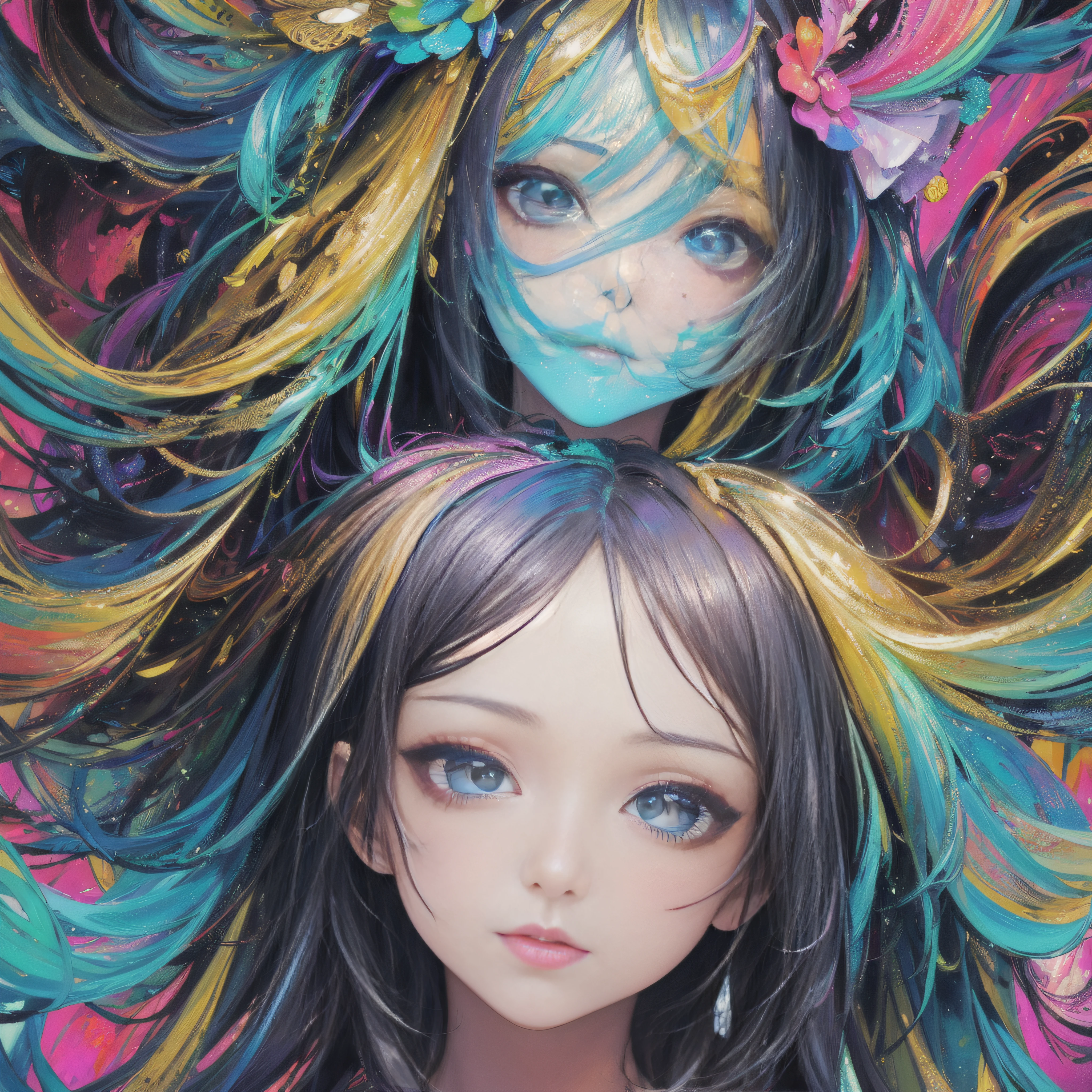 (​masterpiece、top-quality、top-quality、Official art、Beautifully Aesthetic:1.2)、Highly detailed fractal art、(colourfull:1.5)、highest details、Zentangle、a closeup、 (1girl in:1.5), 独奏, (dynamicposes), (Abstract background:1.5), (shinny skin),