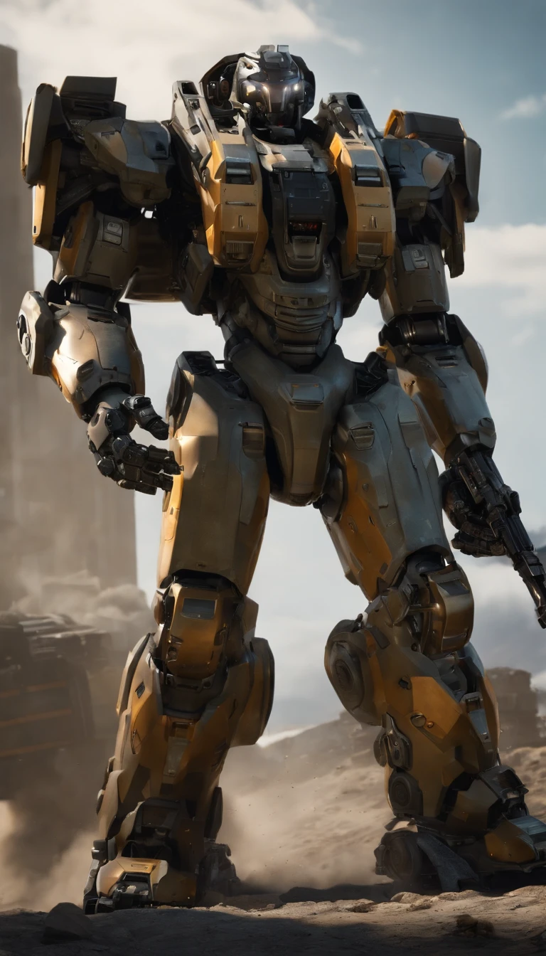 (best quality,4k,8k,highres,masterpiece:1.2), ultra-detailed, (realistic,photorealistic,photo-realistic:1.37), military, futuristic, high-tech, power-driven mech suit standing at 2 meters tall. The suit has a massive Gatling gun attached to its left arm, a missile launcher on its left shoulder, and a plasma cannon on its right shoulder. The mech suit is a combination of advanced technology and military aesthetics. The suit's metallic surface reflects light with extreme precision, showcasing its intricate details. The overall color scheme is a blend of dark, matte tones with hints of vibrant accents, creating a futuristic and visually striking appearance. The suit is surrounded by a dynamic lighting setup, highlighting its powerful presence. The scene captures the essence of a future battlefield, with the mech suit ready for action, radiating strength and cutting-edge military technology.