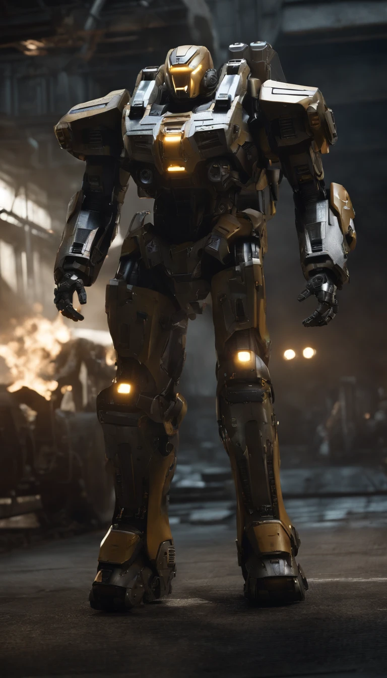 (best quality,4k,8k,highres,masterpiece:1.2), ultra-detailed, (realistic,photorealistic,photo-realistic:1.37), military, futuristic, high-tech, power-driven mech suit standing at 2 meters tall. The suit has a massive Gatling gun attached to its left arm, a missile launcher on its left shoulder, and a plasma cannon on its right shoulder. The mech suit is a combination of advanced technology and military aesthetics. The suit's metallic surface reflects light with extreme precision, showcasing its intricate details. The overall color scheme is a blend of dark, matte tones with hints of vibrant accents, creating a futuristic and visually striking appearance. The suit is surrounded by a dynamic lighting setup, highlighting its powerful presence. The scene captures the essence of a future battlefield, with the mech suit ready for action, radiating strength and cutting-edge military technology.
