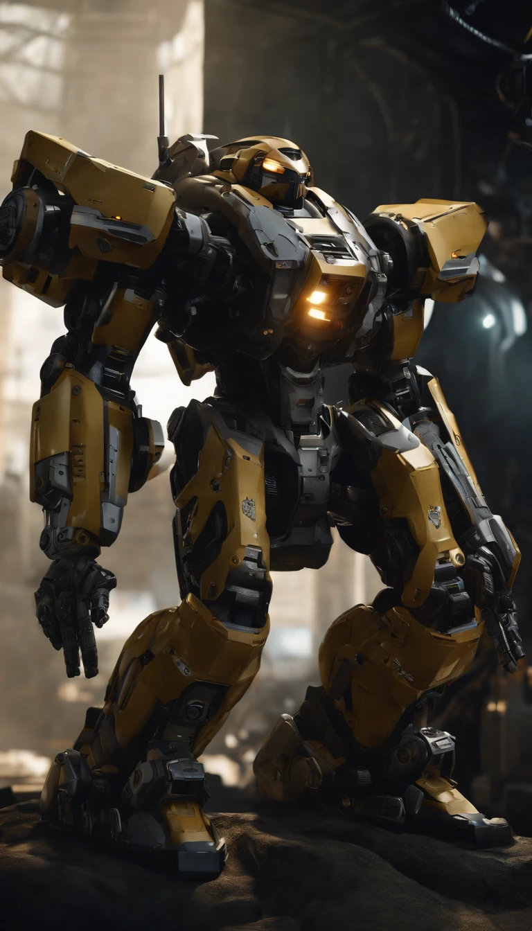(best quality,4k,8k,highres,masterpiece:1.2), ultra-detailed, (realistic,photorealistic,photo-realistic:1.37), military, futuristic, high-tech, power-driven mech suit standing at 2 meters tall. The suit has a massive Gatling gun attached to its left arm, a missile launcher on its left shoulder, and a plasma cannon on its right shoulder. The mech suit is a combination of advanced technology and military aesthetics. The suit's metallic surface reflects light with extreme precision, showcasing its intricate details. The overall color scheme is a blend of dark, matte tones with hints of vibrant accents, creating a futuristic and visually striking appearance. The suit is surrounded by a dynamic lighting setup, highlighting its powerful presence. The scene captures the essence of a future battlefield, with the mech suit ready for action, radiating strength and cutting-edge military technology.