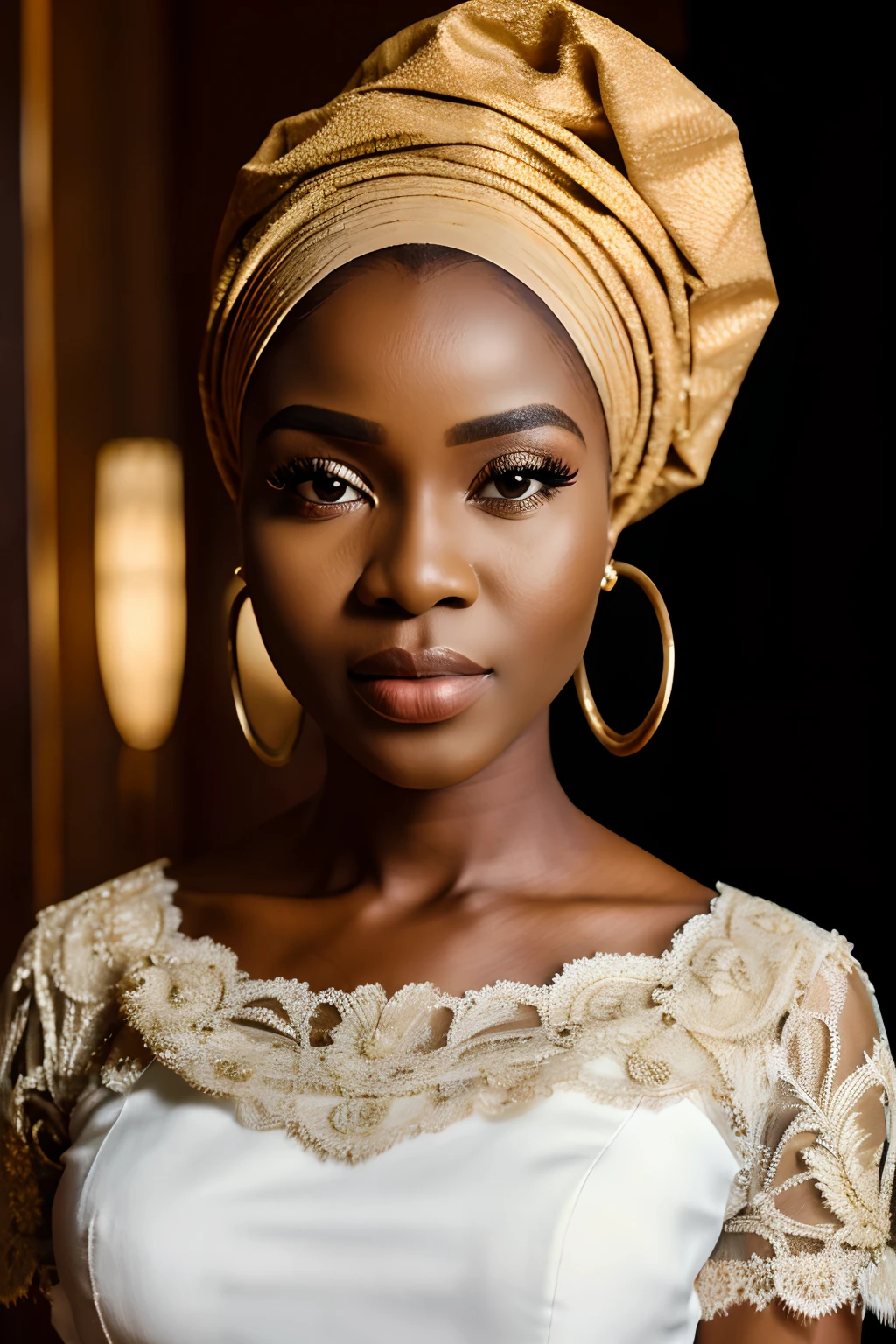 8k, highest quality, ultra details, Nigerian, young girl, elegant Nigerian attire, lace dress, gele headwrap, attending a special occasion.