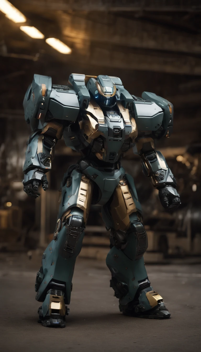 (best quality,4k,8k,highres,masterpiece:1.2), ultra-detailed, (realistic,photorealistic,photo-realistic:1.37), military, futuristic, high-tech, power-driven mech suit standing at 2 meters tall. The suit has a massive Gatling gun attached to its left arm, a missile launcher on its left shoulder, and a plasma cannon on its right shoulder. The mech suit is a combination of advanced technology and military aesthetics. The suit's metallic surface reflects light with extreme precision, showcasing its intricate details. The overall color scheme is a blend of dark, matte tones with hints of vibrant accents, creating a futuristic and visually striking appearance. The suit is surrounded by a dynamic lighting setup, highlighting its powerful presence. The scene captures the essence of a future battlefield, with the mech suit ready for action, radiating strength and cutting-edge military technology.