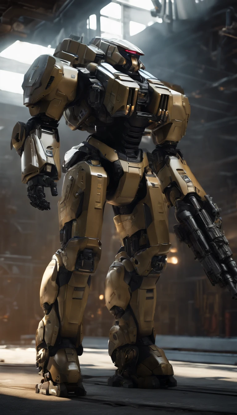 (best quality,4k,8k,highres,masterpiece:1.2), ultra-detailed, (realistic,photorealistic,photo-realistic:1.37), military, futuristic, high-tech, power-driven mech suit standing at 2 meters tall. The suit has a massive Gatling gun attached to its left arm, a missile launcher on its left shoulder, and a plasma cannon on its right shoulder. The mech suit is a combination of advanced technology and military aesthetics. The suit's metallic surface reflects light with extreme precision, showcasing its intricate details. The overall color scheme is a blend of dark, matte tones with hints of vibrant accents, creating a futuristic and visually striking appearance. The suit is surrounded by a dynamic lighting setup, highlighting its powerful presence. The scene captures the essence of a future battlefield, with the mech suit ready for action, radiating strength and cutting-edge military technology.