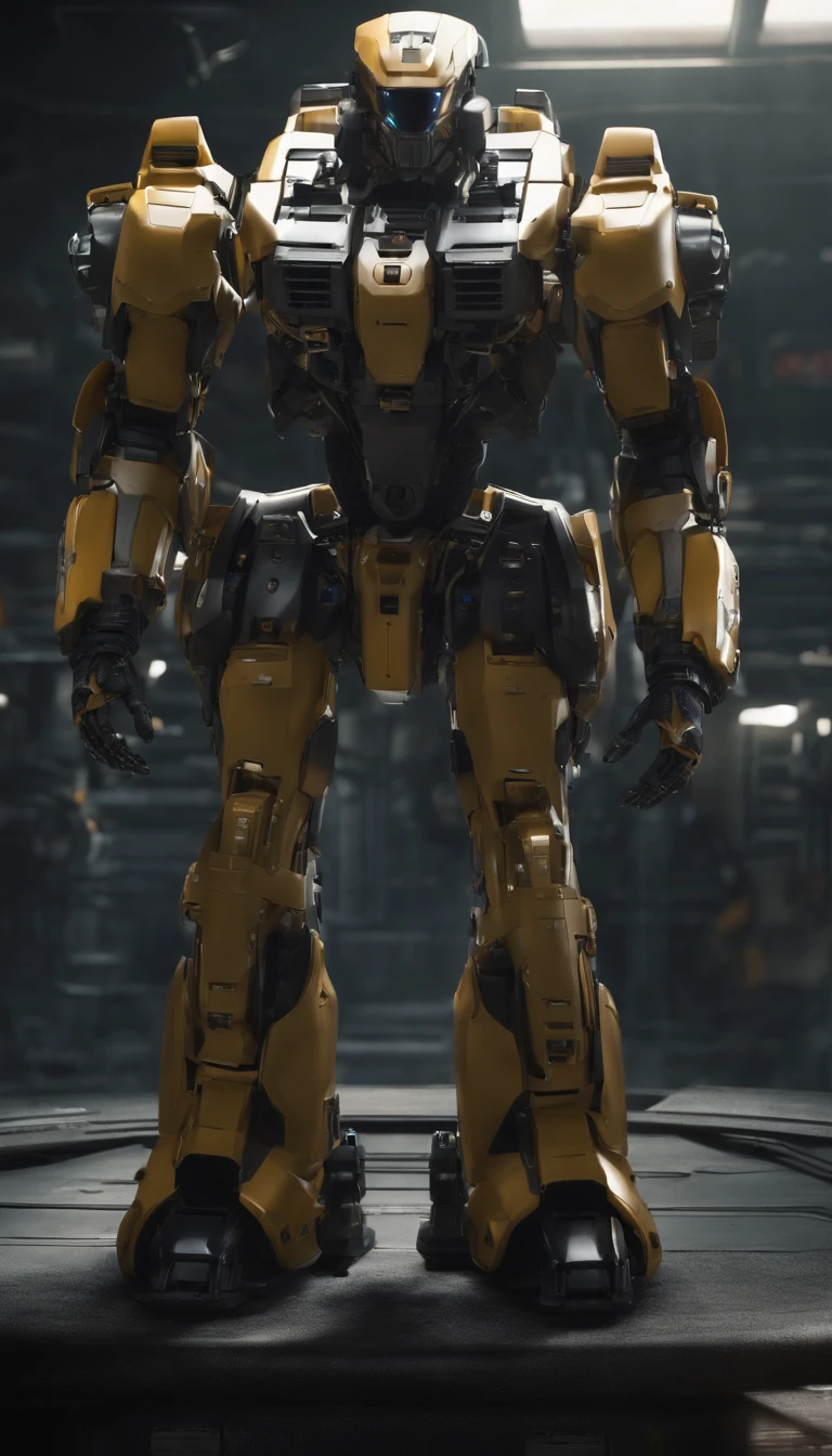 (best quality,4k,8k,highres,masterpiece:1.2), ultra-detailed, (realistic,photorealistic,photo-realistic:1.37), military, futuristic, high-tech, power-driven mech suit standing at 2 meters tall. The suit has a massive Gatling gun attached to its left arm, a missile launcher on its left shoulder, and a plasma cannon on its right shoulder. The mech suit is a combination of advanced technology and military aesthetics. The suit's metallic surface reflects light with extreme precision, showcasing its intricate details. The overall color scheme is a blend of dark, matte tones with hints of vibrant accents, creating a futuristic and visually striking appearance. The suit is surrounded by a dynamic lighting setup, highlighting its powerful presence. The scene captures the essence of a future battlefield, with the mech suit ready for action, radiating strength and cutting-edge military technology.