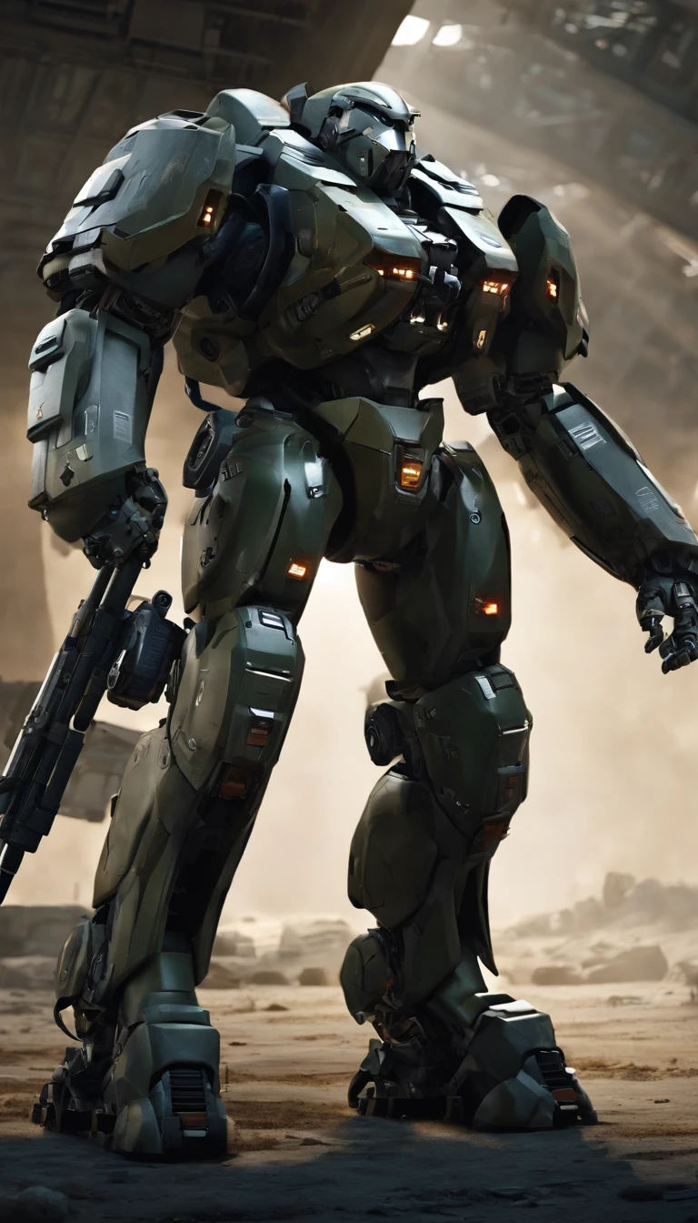 (best quality,4k,8k,highres,masterpiece:1.2), ultra-detailed, (realistic,photorealistic,photo-realistic:1.37), military, futuristic, high-tech, power-driven mech suit standing at 2 meters tall. The suit has a massive Gatling gun attached to its left arm, a missile launcher on its left shoulder, and a plasma cannon on its right shoulder. The mech suit is a combination of advanced technology and military aesthetics. The suit's metallic surface reflects light with extreme precision, showcasing its intricate details. The overall color scheme is a blend of dark, matte tones with hints of vibrant accents, creating a futuristic and visually striking appearance. The suit is surrounded by a dynamic lighting setup, highlighting its powerful presence. The scene captures the essence of a future battlefield, with the mech suit ready for action, radiating strength and cutting-edge military technology.