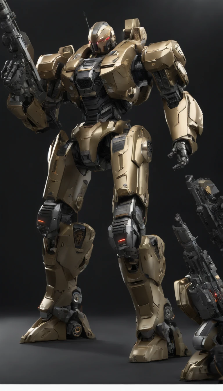 (best quality,4k,8k,highres,masterpiece:1.2), ultra-detailed, (realistic,photorealistic,photo-realistic:1.37), military, futuristic, high-tech, power-driven mech suit standing at 2 meters tall. The suit has a massive Gatling gun attached to its left arm, a missile launcher on its left shoulder, and a plasma cannon on its right shoulder. The mech suit is a combination of advanced technology and military aesthetics. The suit's metallic surface reflects light with extreme precision, showcasing its intricate details. The overall color scheme is a blend of dark, matte tones with hints of vibrant accents, creating a futuristic and visually striking appearance. The suit is surrounded by a dynamic lighting setup, highlighting its powerful presence. The scene captures the essence of a future battlefield, with the mech suit ready for action, radiating strength and cutting-edge military technology.