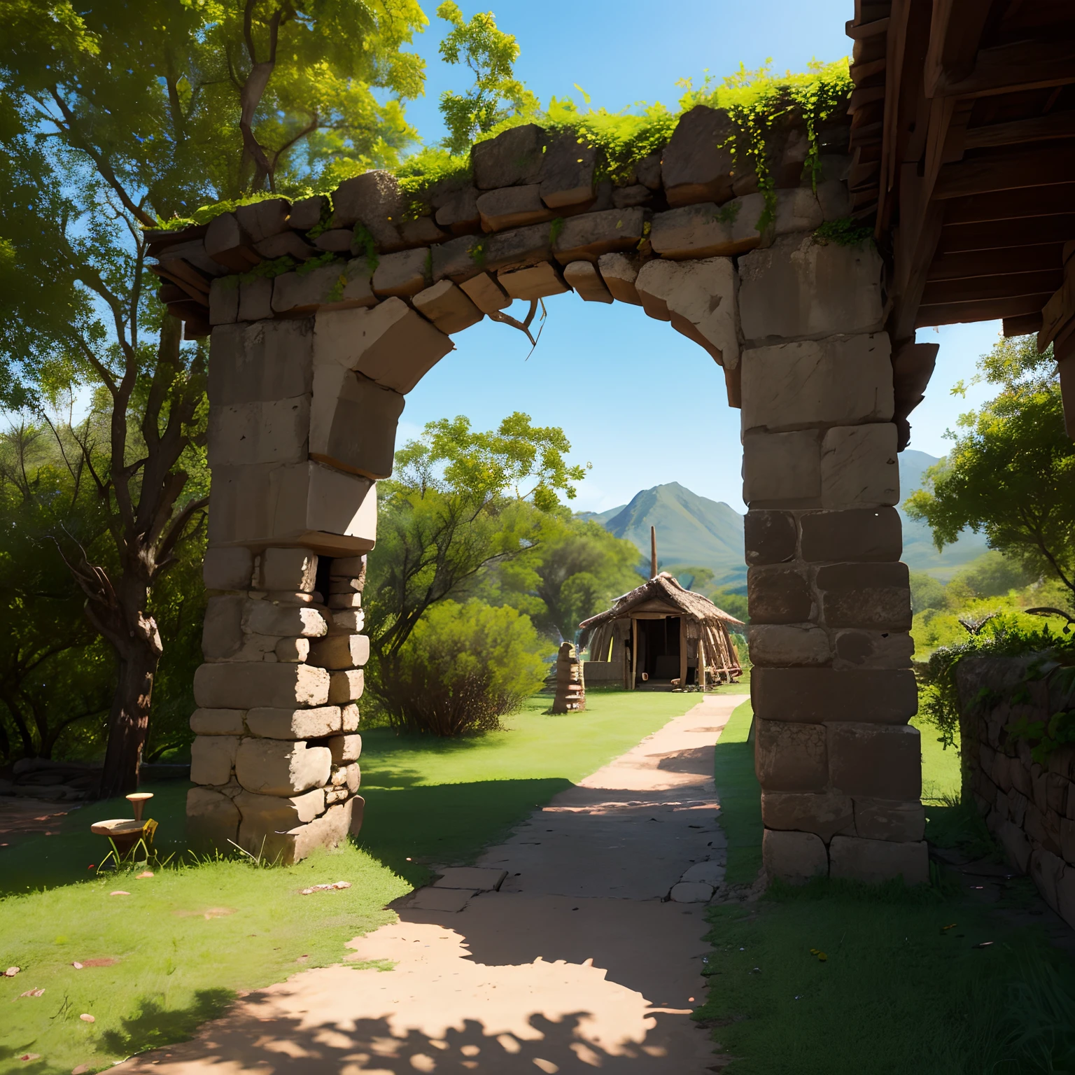 Old Apache Camp Scenery. Na luz do dia, 7 ou mais ocas espalhadas aleatoriamente em uma grande tribo. Com imagem distante. Paisagem verde bonita, surreal.