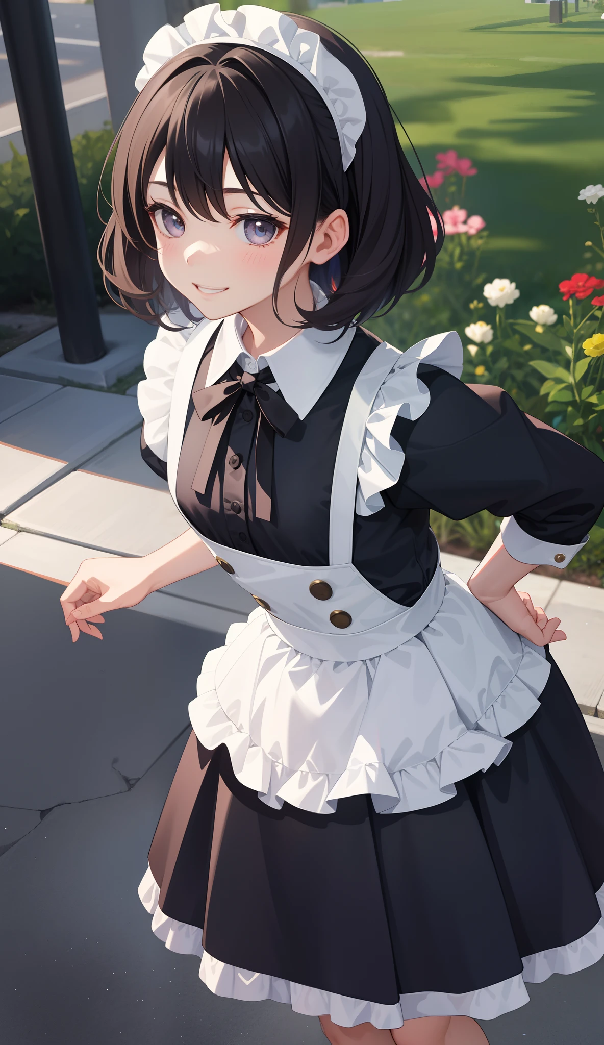 1girl in、AS-Adult、A smile、The shirt、skirt by the、(small tits)、doress、pinafore、Hair decoration、(Maid costume)、、Upper body portrait、movement、