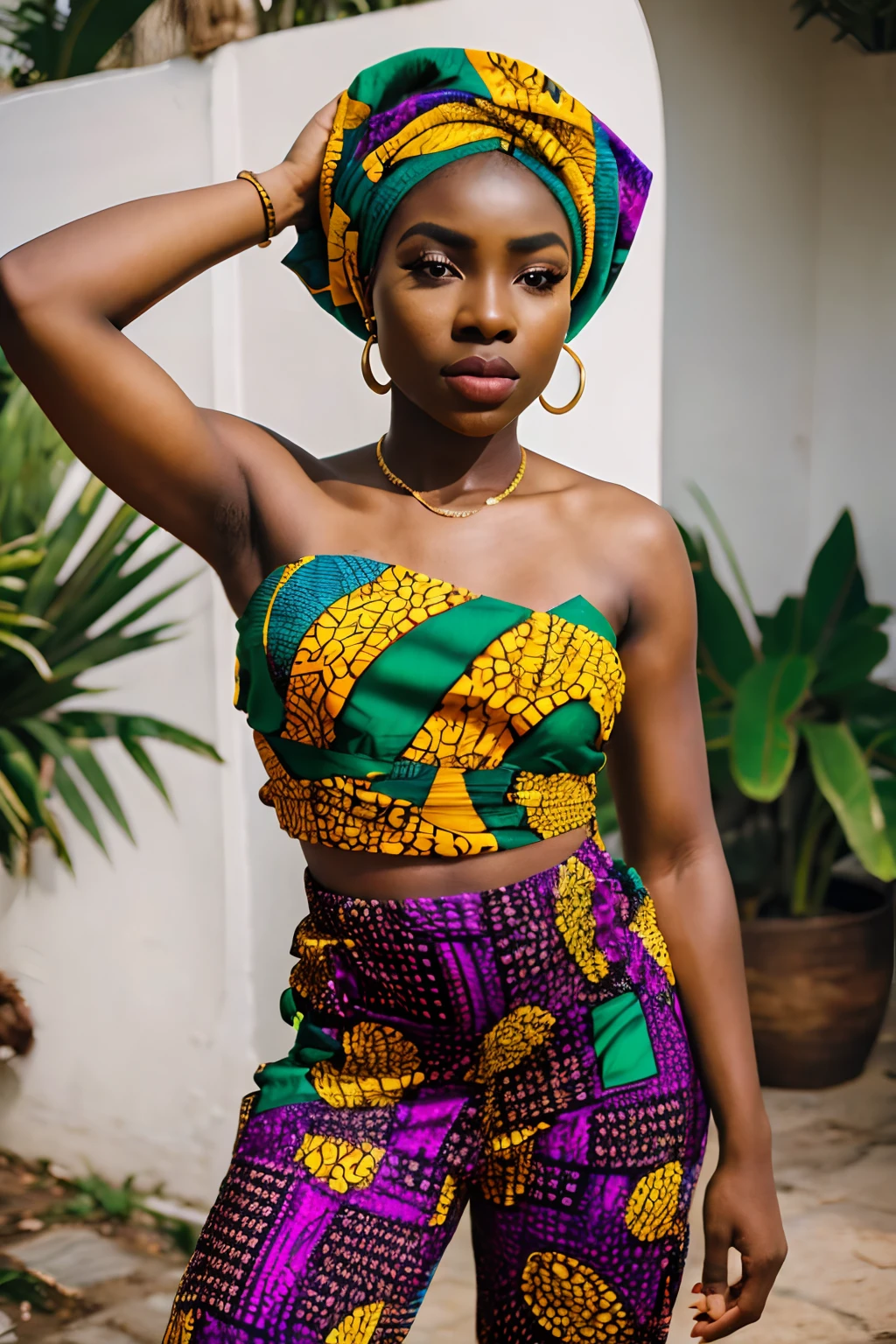 8k, highest quality, ultra details, Nigerian, young girl, Afrocentric fashion, bold print top, high-waisted pants, colorful headwrap, posing for a photoshoot.