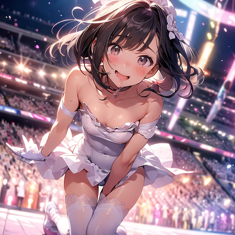 toppless、Lick the microphone、Pink short ponytail、Grabbing a small flat chest、Two pretty girls are cheek to cheek、Leotards with frills、Sailor suit style leotard、White lace stockings、drooling、Looking at the camera、Looking down、Looking up、tears、red blush、Sweating all over the body、I'm glaring、Clothes are sheer、The tongue is visible、Breast milk drips、pink lipsticks、White Long Gloves