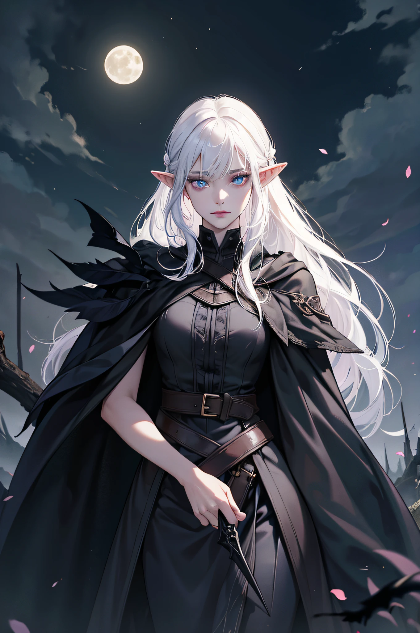 (absurdres, highres, ultra detailed), 1 woman, adult, beautiful, white girl, elf, pointy ears, long white hair, cristal blue eyes, dark makeup, finely detailed eyes and detailed face, fantasy, night, dark theme, cinematic lighting, colorful, flying petal, cloudy sky, dark forest, moon, black clothes, dark theme, night, dark nigth, detailed eyes, dark lighting, elf, rogue, dagger in hands, black cape, hunter clothes