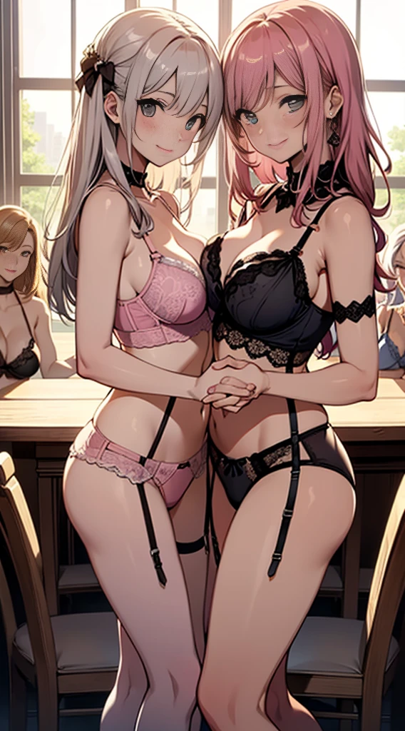 ((((Multiple characters from the harem were depicted with smiles))))、Masterpiece illustrations with the highest quality and ultra-high resolution、4 beautiful women、Detailed eyes、Troubled face、red blush、Navel Ejection、((((Pink lingerie)))),Lace-trimmed bra, (Garter Belt:1.3), thighs thighs thighs thighs, cleavage, side-tie panty,(Special twine panties:1.3),garterbelts、Holding hands and hands、((Angle from the rear))