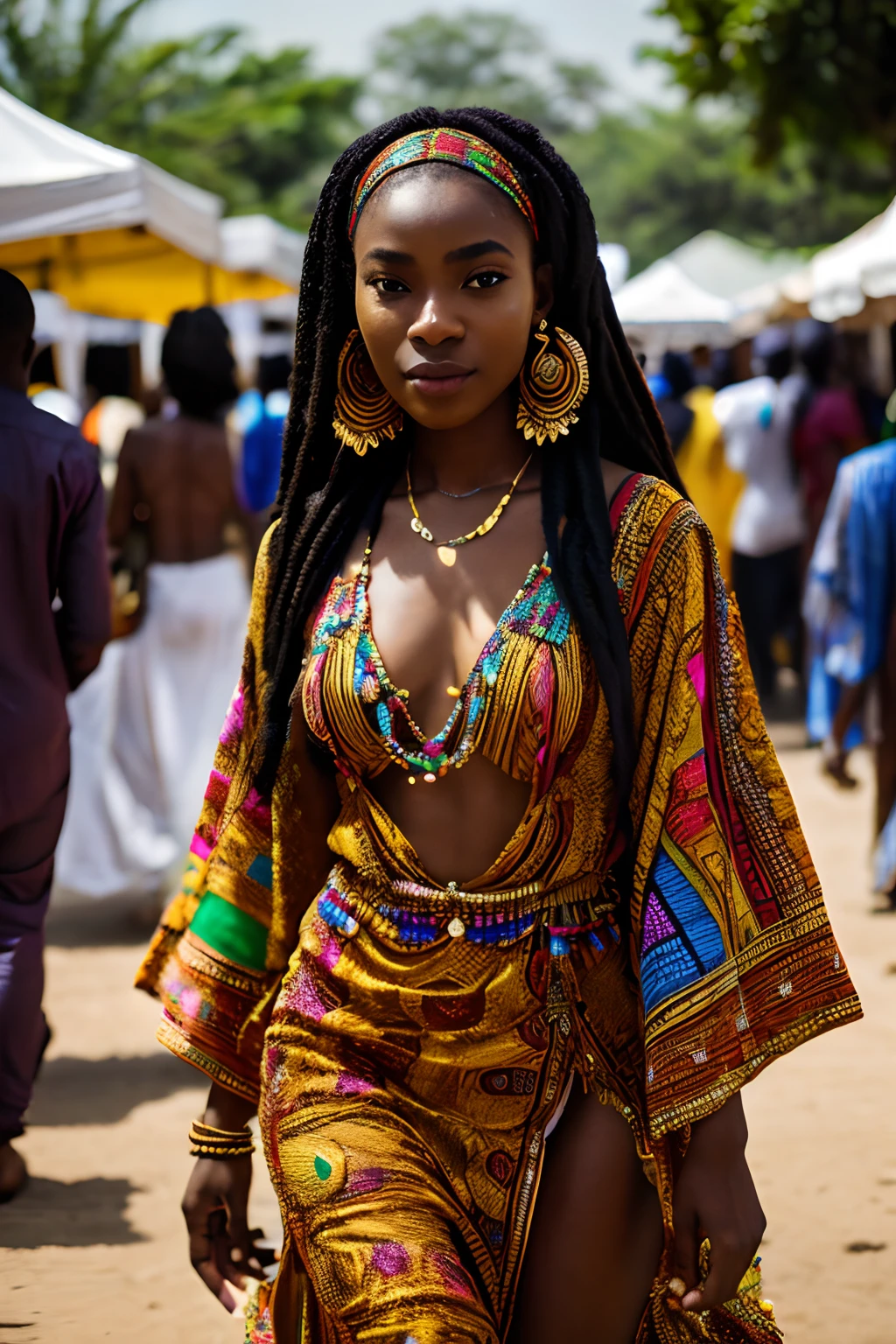 8k, highest quality, ultra details, Nigerian, young girl, bohemian Nigerian look, flowy kaftan dress, beaded accessories, walking through a vibrant art market.