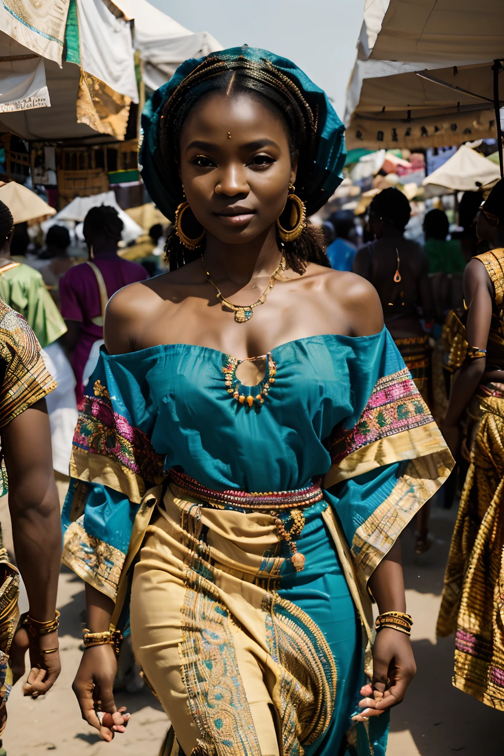 8k, highest quality, ultra details, Nigerian, young girl, bohemian Nigerian look, flowy kaftan dress, beaded accessories, walking through a vibrant art market.