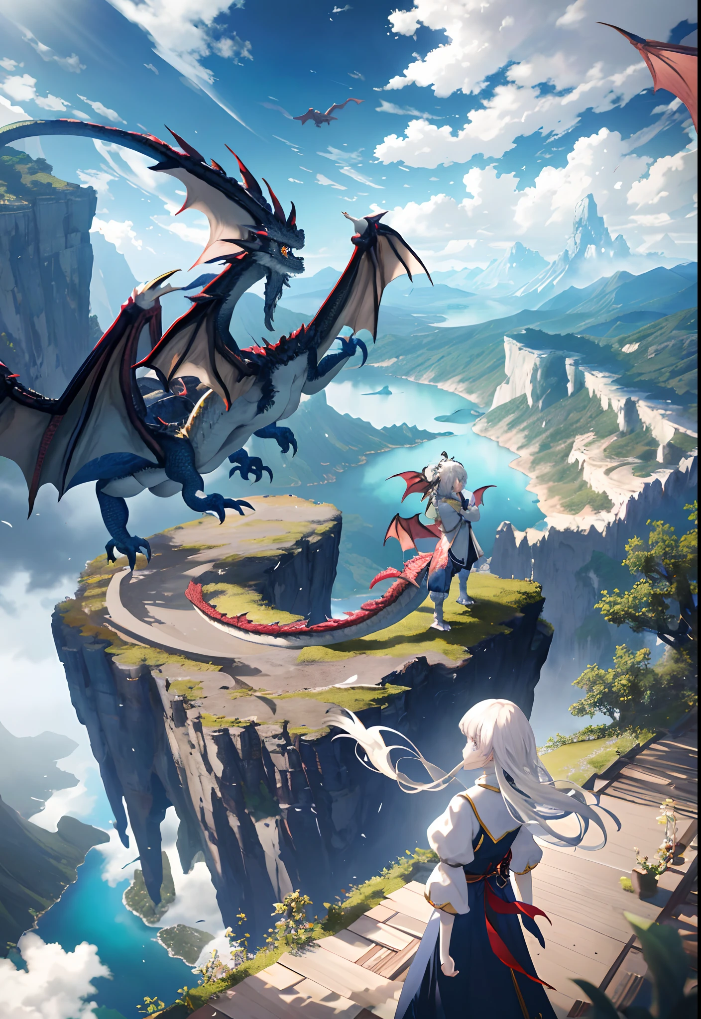 masterpiece、top-quality、hightquality、Highly detailed CG Unity 8k wallpapers、landscapes、outside of house、Skysky、clouds、tag、with no people、mont、landscapes、Eau、The tree、blue-sky、falls、cliff、naturey、lake、a river、cloudy ash sky、awardwinning photo、bokeh dof、depth of fields、((Dragons flying around)), HDR、Bloom、chromatic abberation、Photorealsitic、ighly detailed、ArtStation Trends、CGsociety Trends、Convoluted、High Details、Dramatic、art in the middle of the journey
