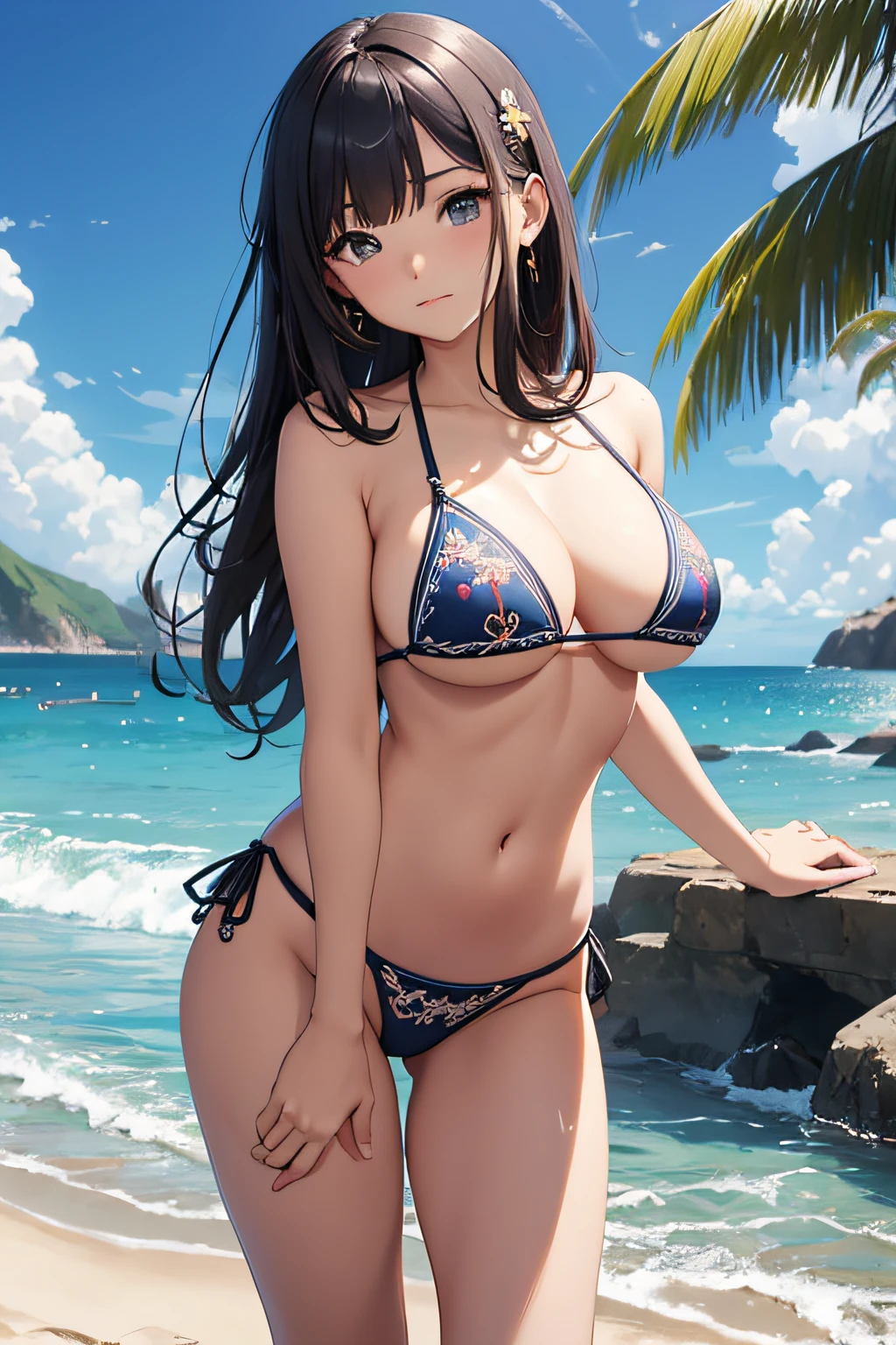 ​masterpiece、Background with（（sea side、sand beach））、、a beauty girl、huge tit、Detailed embroidery on the bikini、 Get on your knees、Open your crotch、sexypose